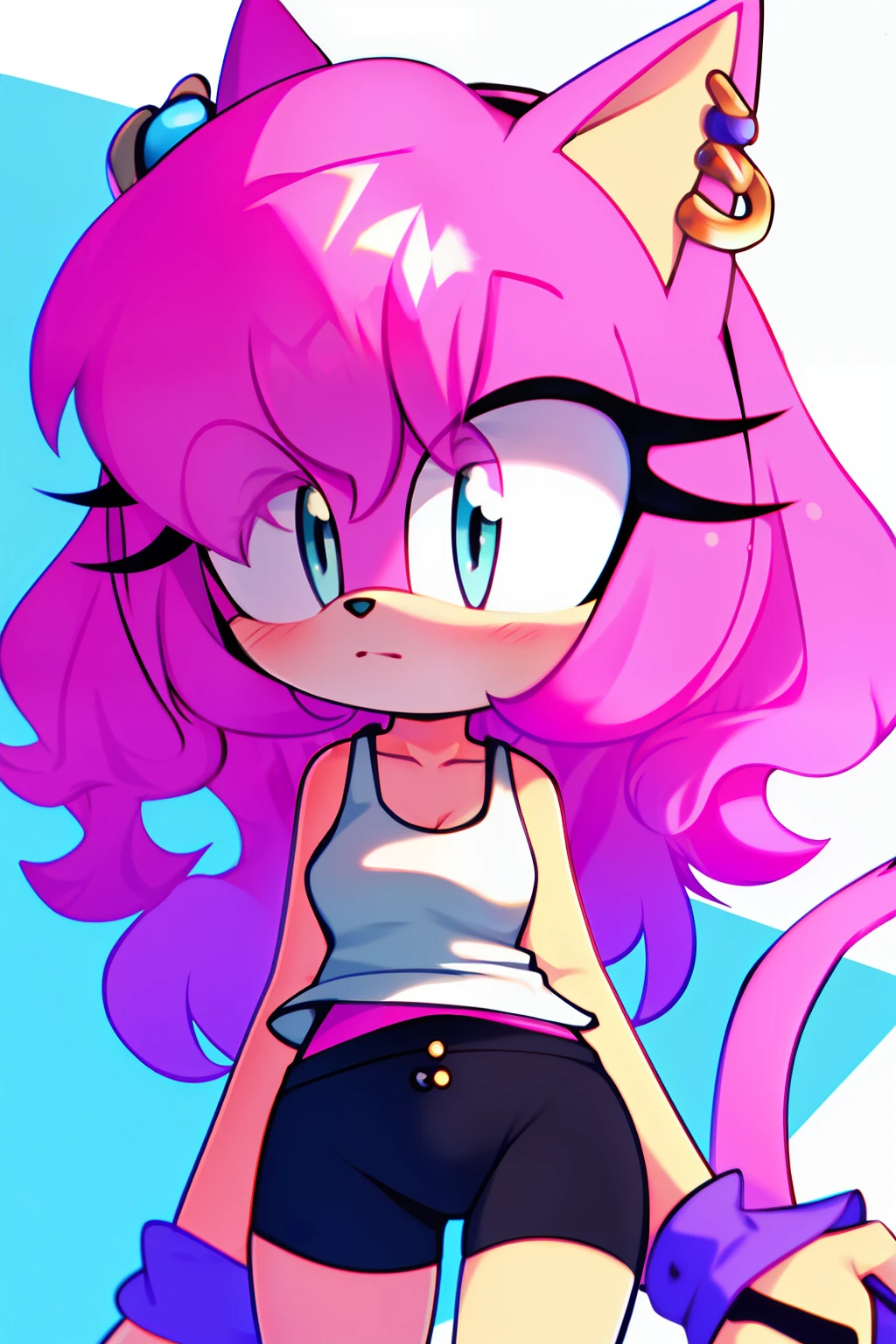 1girl, light pink fur, cat, long pink curly hair, masterpiece, (white tank top:1.4), bra straps, 4k, black shorts, purple wrist rings, turquoise eyes, earrings, fluffy tail