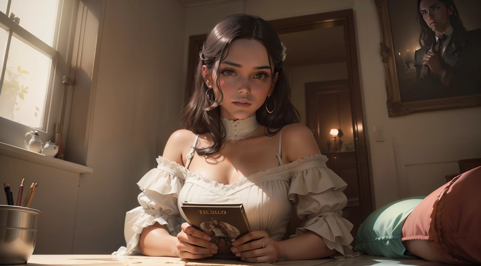 luminacion cinematografica, ultra detallado, vista general de la habitacio Retrato media distancia de mujer joven elegante recostada en un divan, leyendo un libro. elegantee Persona en vestido a medida principio del siglo 20 elegante, todo el ((estilo de la obra art deco ))Luz natural, elntra el sol de la tarde por una ventana, jarron con flores, obras de arte, otro mobiliario Altamente detallado, Pintura digital, Artstation, Arte conceptual, Suave, foco nítido, illustration, Arte por WLOP, Mars Ravelo y Greg Rutkowski (Piel alta y detallada:1.2), 8k UHD, DSLR, Soft lighting, alta calidad, Film grain, Fujifilm XT3 mix4 Wildstyle RAW foto,