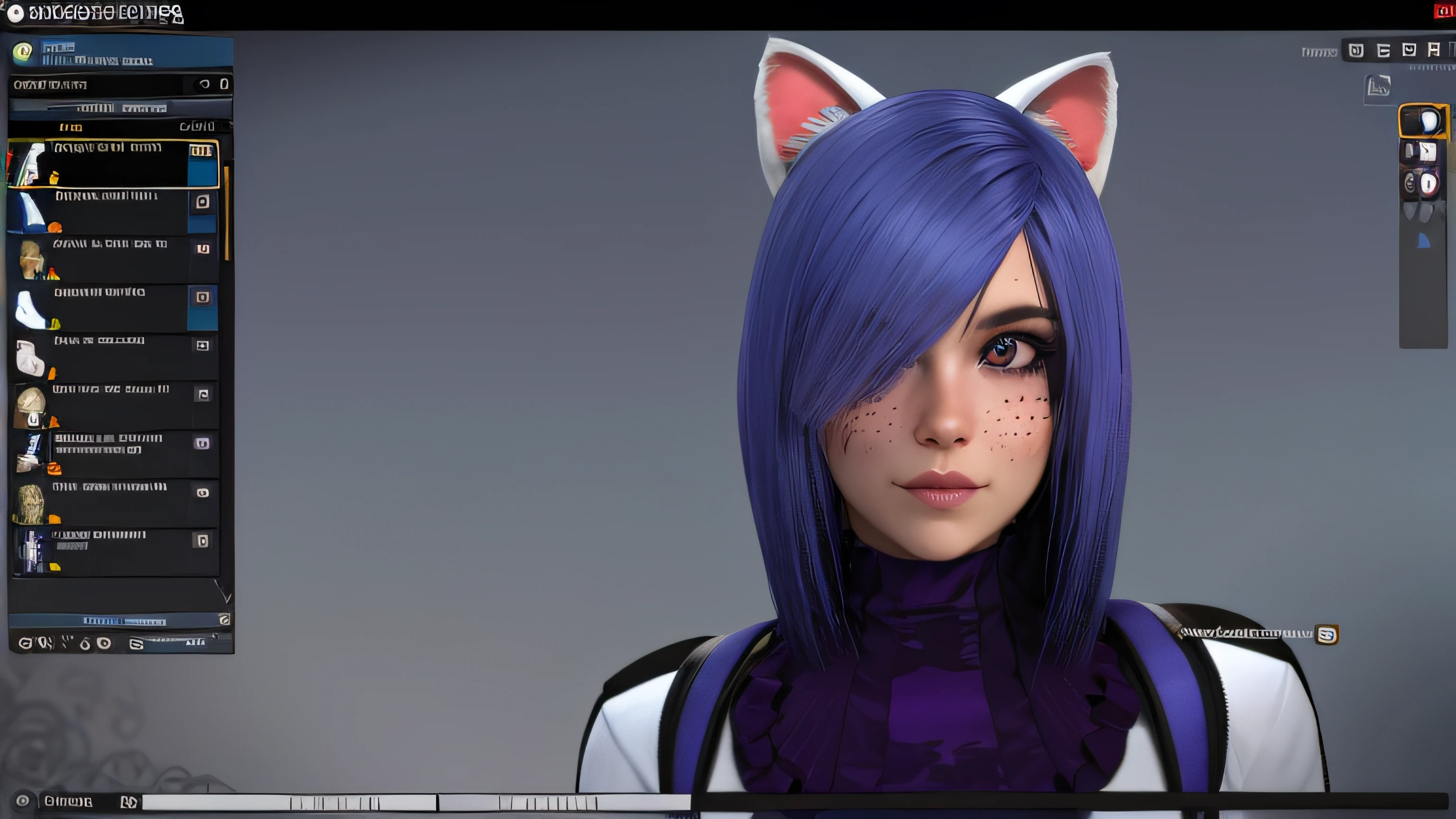 um close up de uma pessoa com orelha de gato e pelo roxo, Retrato de Jinx de Arcane,  gato atraente, mulher com orelhas de gato, gatinha, gatinha jovem bonita, meninarelhas de gato, menina do gantos fileira fursuit caudas mod, orelhas de gato, Motor irreal : : maquiagem rave, com o rosto muito detalhado, Personagem close up