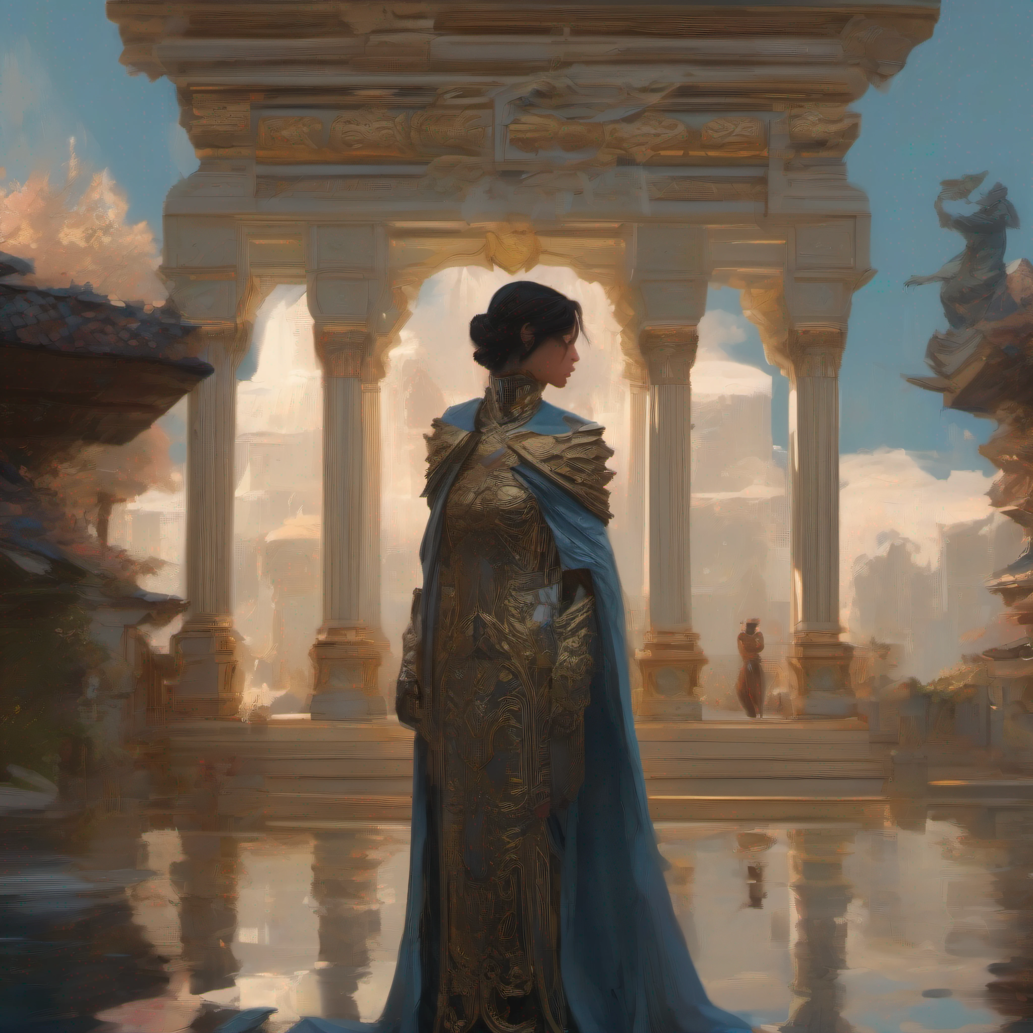 modelshoot style, (extremely detailed CG unity 8k wallpaper), full shot body photo of the most beautiful artwork in the world, cloak armor, professional majestic oil painting by Ed Blinkey, Atey Ghailan, Studio Ghibli, by Jeremy Mann, Greg Manchess, Antonio Moro, trending on ArtStation, trending on CGSociety, Intricate, High Detail, Sharp focus, dramatic, photorealistic painting art by midjourney and greg rutkowski