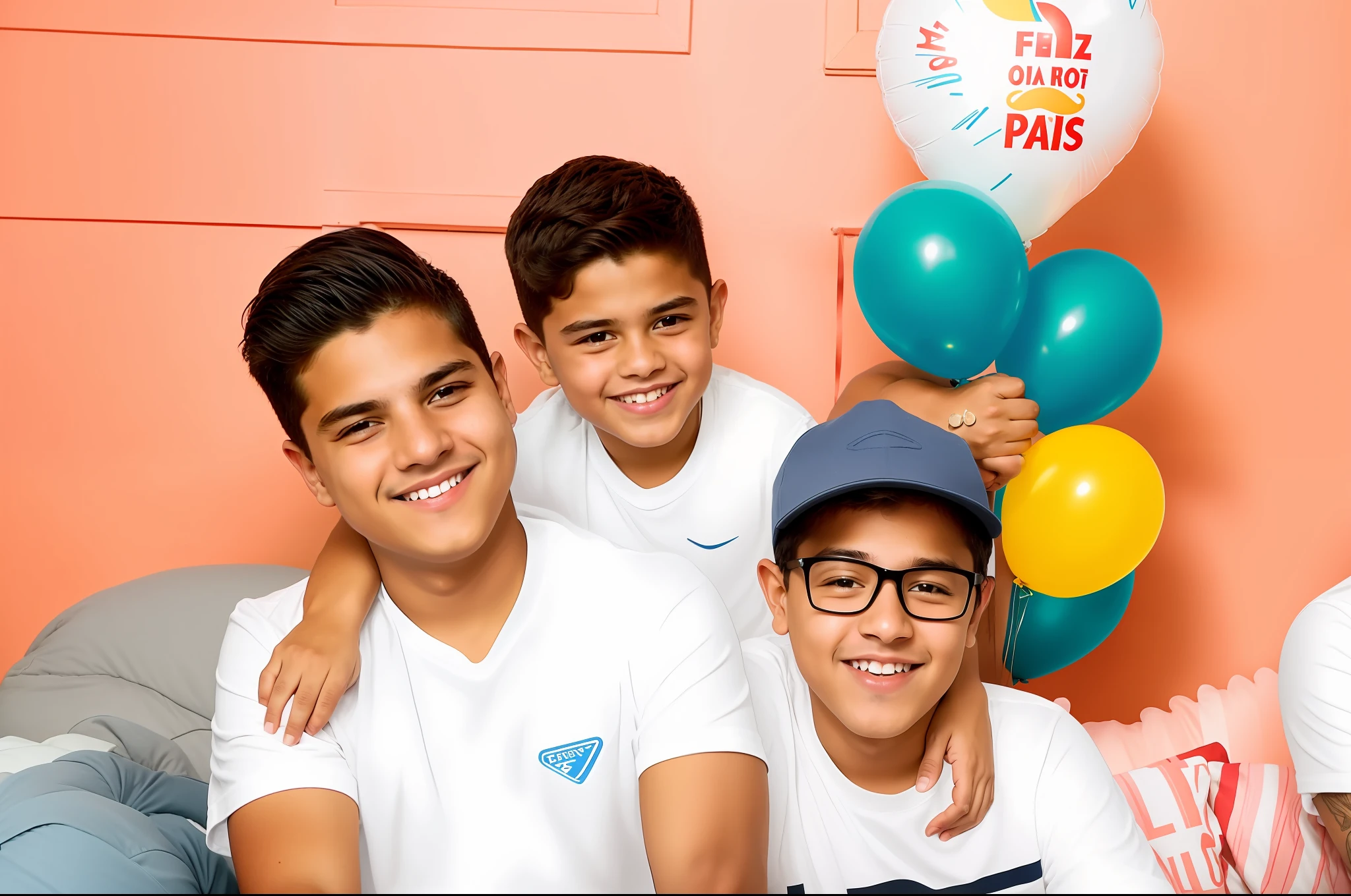 There are three boys sitting on a couch with balloons in the background, meninos bonitos, Rapazes, by Almeida Júnior, mateus 9 5, menino adolescente, Directed by: Nandor Soldier, adreas rocha, caio santos, Malika Favre, Directed by: Samuel Silva, Directed by: Felix Arauz, Condutor de Ene