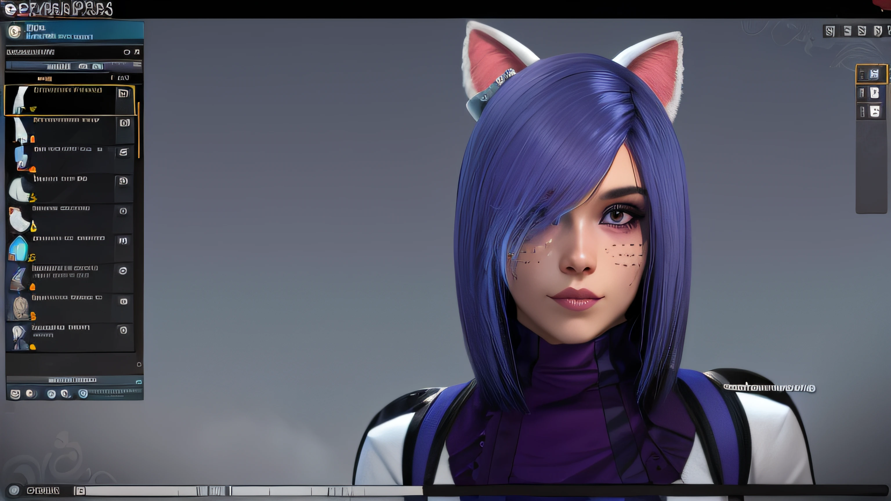 um close up de uma pessoa com orelha de gato e pelo roxo, Retrato de Jinx de Arcane, gato atraente, mulher com orelhas de gato, gatinha, gatinha jovem bonita, meninarelhas de gato, menina do gantos fileira fursuit caudas mod, orelhas de gato, Motor irreal : : maquiagem rave, com o rosto muito detalhado, Personagem close up