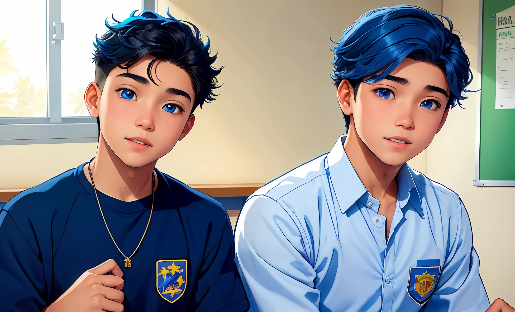dos jovenes ho,Bre 14-year-old boys are in the classroom at high school, A child tells a story to the other . mientras le brillan los ojos de color azul su cabello tambien es de color azul