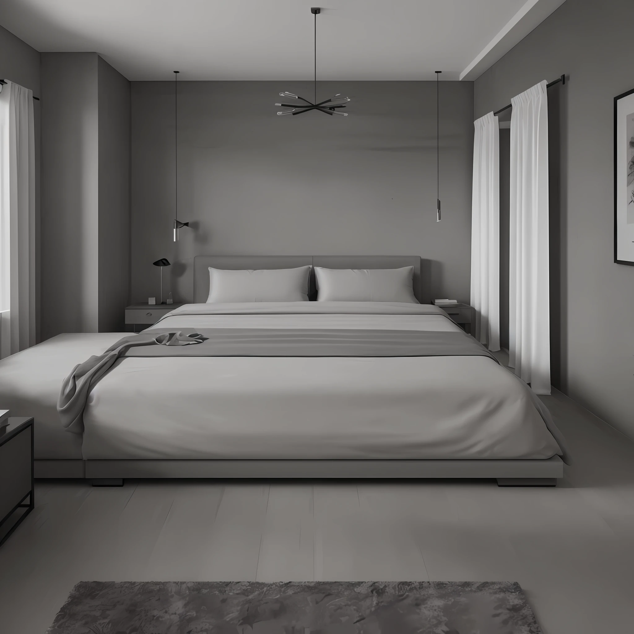 ((obra-prima)), melhor qualidade, qualidade alta, ambiente super detalhado, interior, quarto preto, Modern design furniture in gray color well detailed, alvenaria de concreto, render de interior, (4k), 8k.