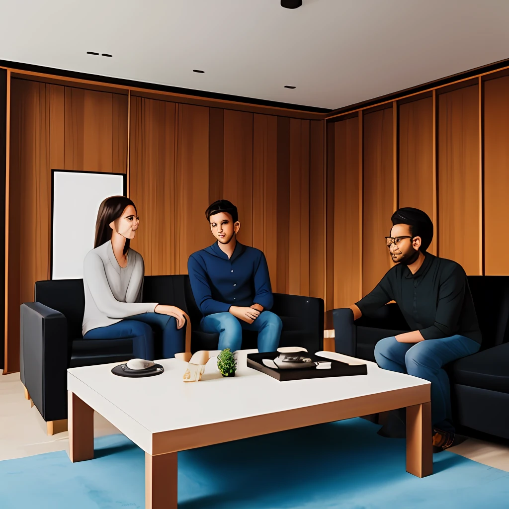 A stunning image of four people focused on listening to a podcast in a spacious room, cercadas por uma mesa elegante e bem iluminada.
