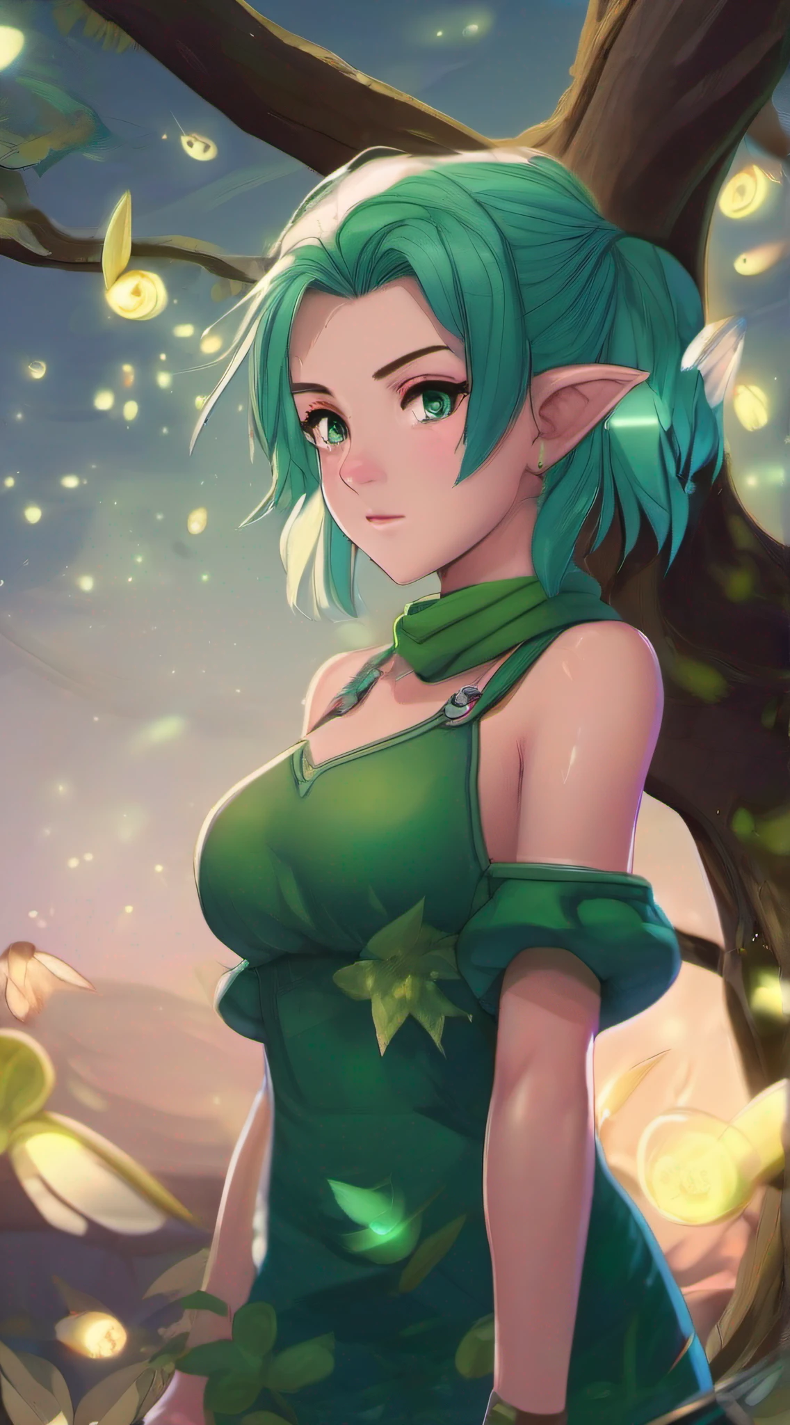 1girl, (green hair:1.1), short hair, pointy ears, wearing a green (tunic:1.2) and shorts, (illustration:1.1), highres, (extremely detailed CG unity 8k wallpaper:1.1), (midshot:1.1), (fullbody:1.25), (solo:1.2), plant, tree, (beautiful eyes:1.15), green boots, leaves swirling around the girl, wariza, leaning against tree at night, blue_eyes, (beautiful face:1.15), (((flat background))), (fireflies:1.1), parted lips, highly detailed face, ultra realistic, masterpiece, best quality, the legend of zelda, bokeh, extremely detailed, intricate
