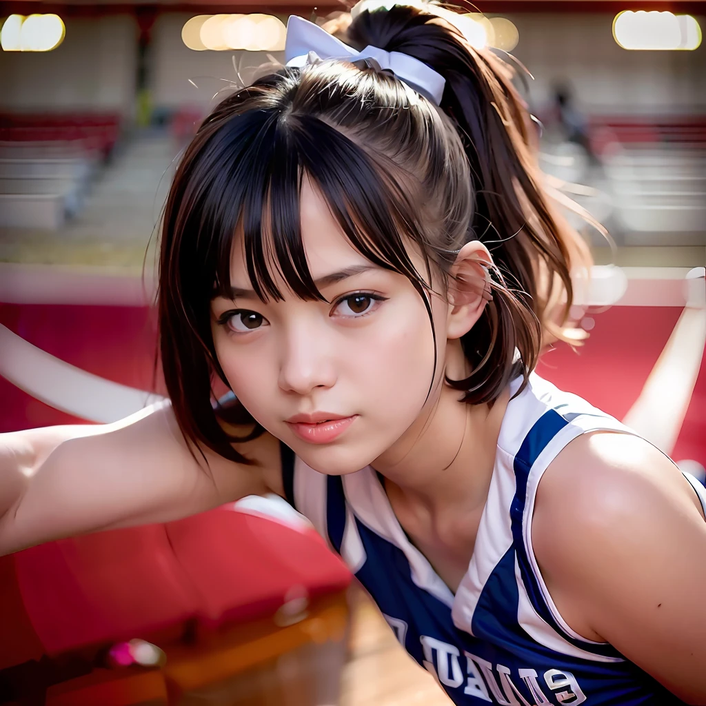 (Best Quality, masutepiece, Ultra High Resolution, (Photorealistic:1.4), Raw photo), (angle from below), 1 girl, (cheer girl, Cheerleader Uniforms), , ultra gigantic tits, Black medium bob hair, Very beautiful face, Very beautiful eyes, Smile, Dynamic Pose, Detailed arm, Detailed fingers, beautiful and shiny skin, small ass