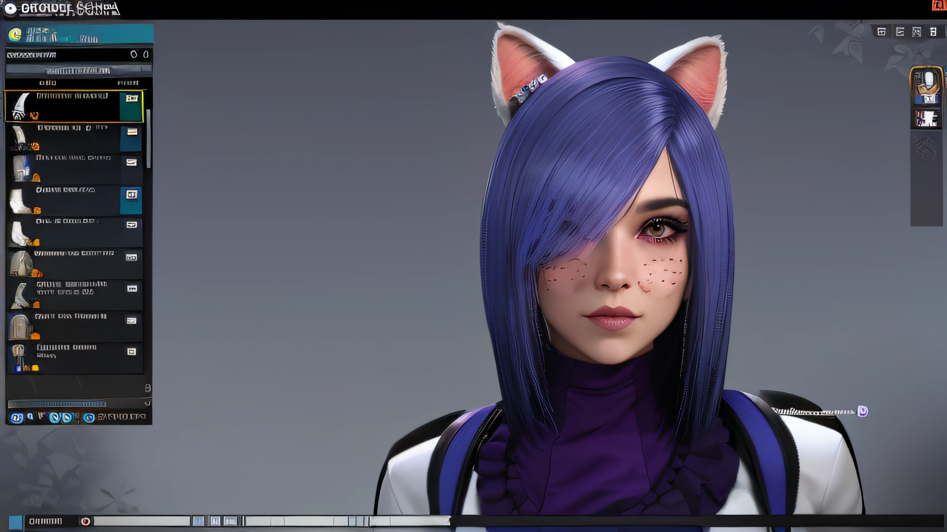 um close up de uma pessoa com orelha de gato e pelo roxo, Retrato de Jinx de Arcane, menina gato atraente, mulher com orelhas de gato, gatinha, gatinha jovem bonita, menina com orelhas de gato, menina do gato, santos fileira fursuit caudas mod, orelhas de gato, Motor irreal : : maquiagem rave, com o rosto muito detalhado, Personagem close up