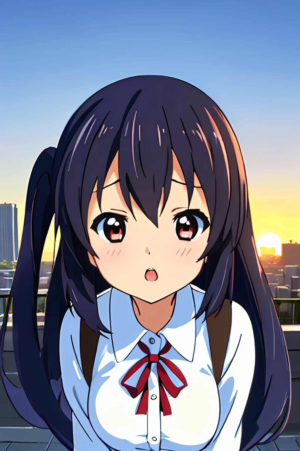 1girl, (((​masterpiece))), top-quality, top-quality, High Details, nakano azusa, 1girl, Sakuragaoka High School Uniform, student clothes, Twin-tailed, length hair, A dark-haired, brown-eyed, 独奏, reddish, Dark blue blazer with thin red ribbon, Solid white buttoned shirt under blazer, illustratio, comic strip, soothing tones, Subdued Color, Soft cinematic light, adobe lightroom, photolab, HDR, intricately and hyper-detailed、(((depth of fields))))。(((​masterpiece)))。(((top-quality))).)((ultra-detailliert)))。(((illustratio)))。(((takeout))).dynamic focus.big breasts.(((Skyscrapers))).(((A city scape))).(((Face of sadness))). open mouth.(((fighting stance))).(((up chest))).((evening glow)).((the setting sun)).