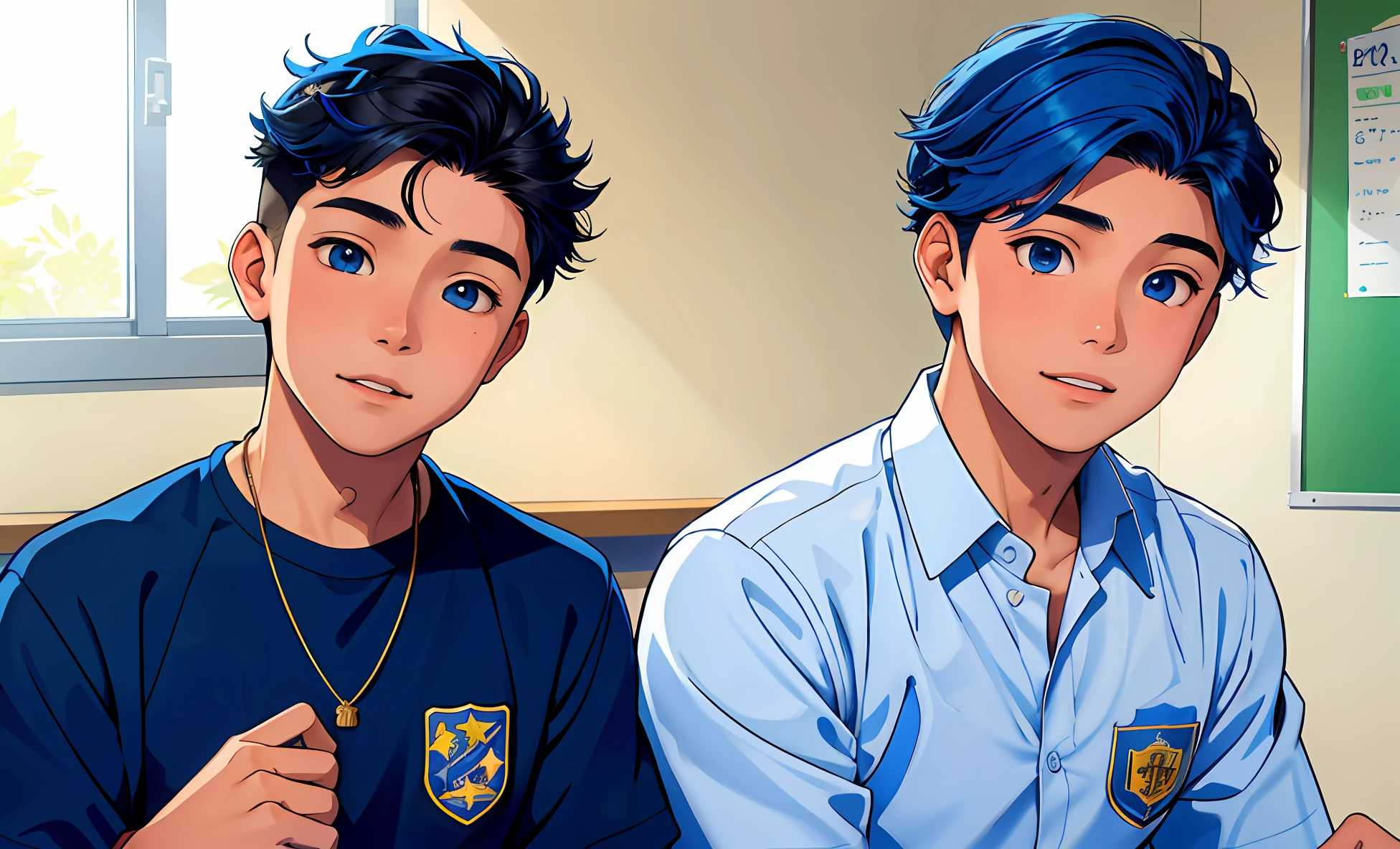 dos jovenes ho,Bre -yeld boare in the classroom at high school, A child tells a story to the other . mientras le brillan los ojos de color azul su cabello tambien es de color azul