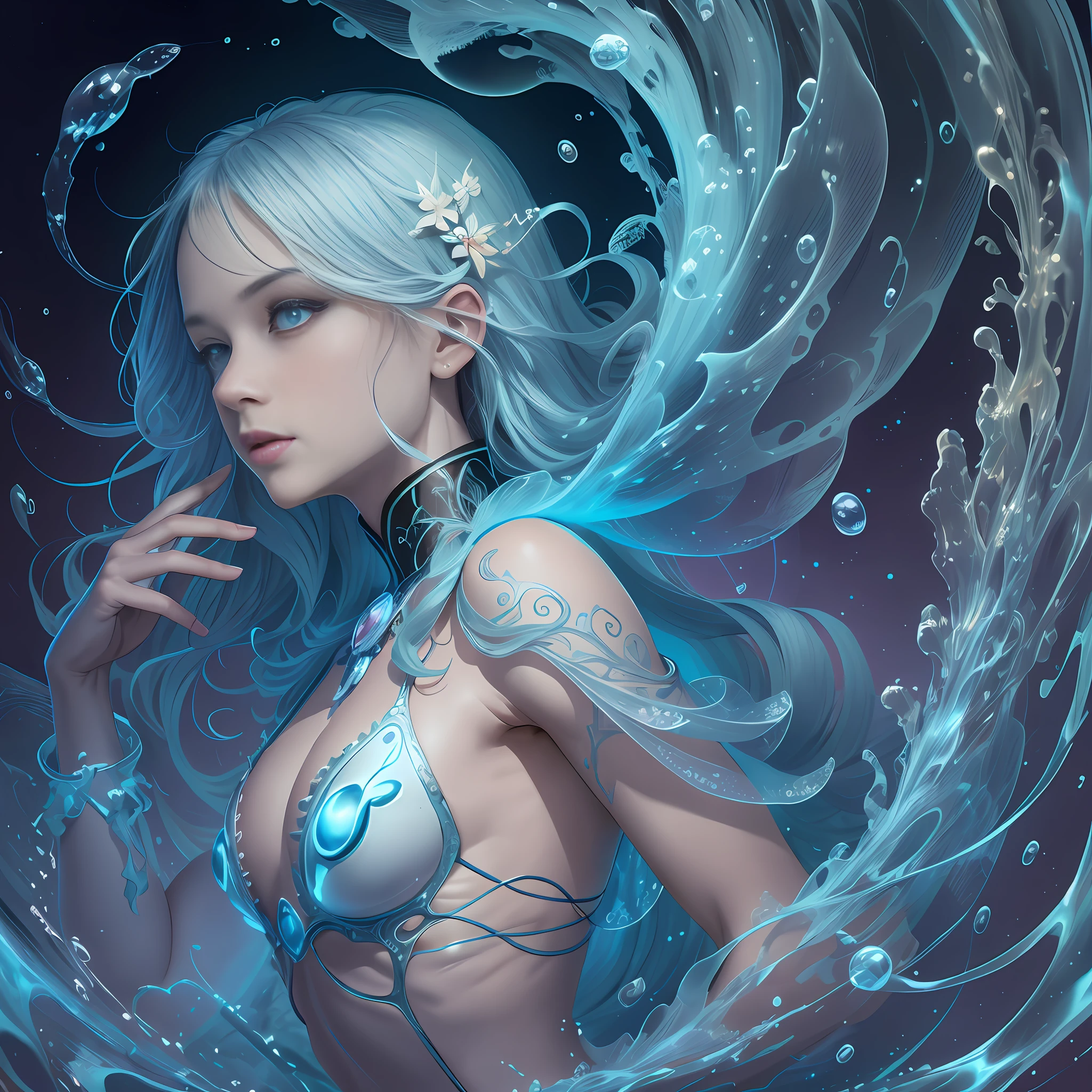 anime girl with blue hair and blue eyes in a blue dress, closeup fantasy with water magic, detailed fantasy digital art, Deviantart ArtStation CGSCOSIETY, A beautiful artwork illustration, digital fantasy art ), Fantasy art style, Beautiful digital artwork, Detailed digital anime art, Asian Woman Water Elemental, Detailed digital 2D fantasy art, detailed fantasy art