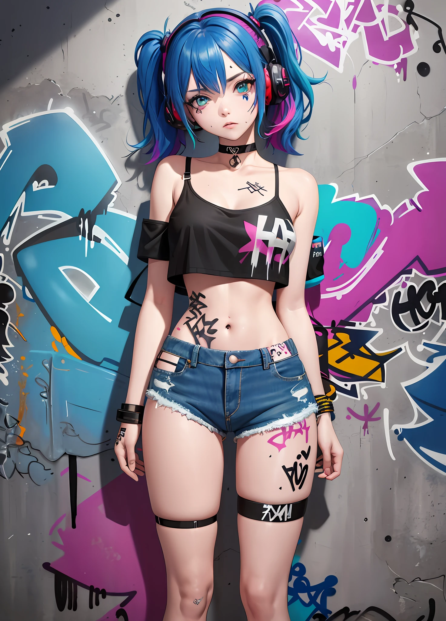 masterpiece, best quality, 1girl, solo, crop top, denim shorts, choker, (graffiti:1.5), paint splatter, arms behind back, against wall, looking at viewer, armband, thigh strap, paint on body, head tilt, bored, multicolored hair, aqua eyes, headset,