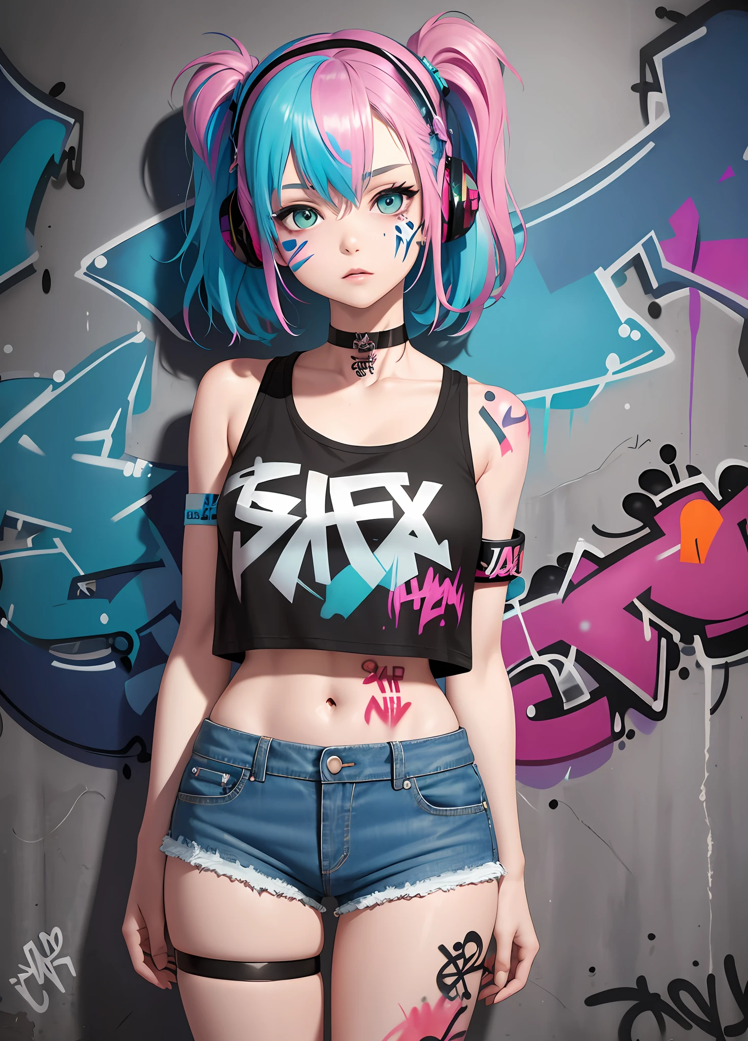 masterpiece, best quality, 1girl, solo, crop top, denim shorts, choker, (graffiti:1.5), paint splatter, arms behind back, against wall, looking at viewer, armband, thigh strap, paint on body, head tilt, bored, multicolored hair, aqua eyes, headset,