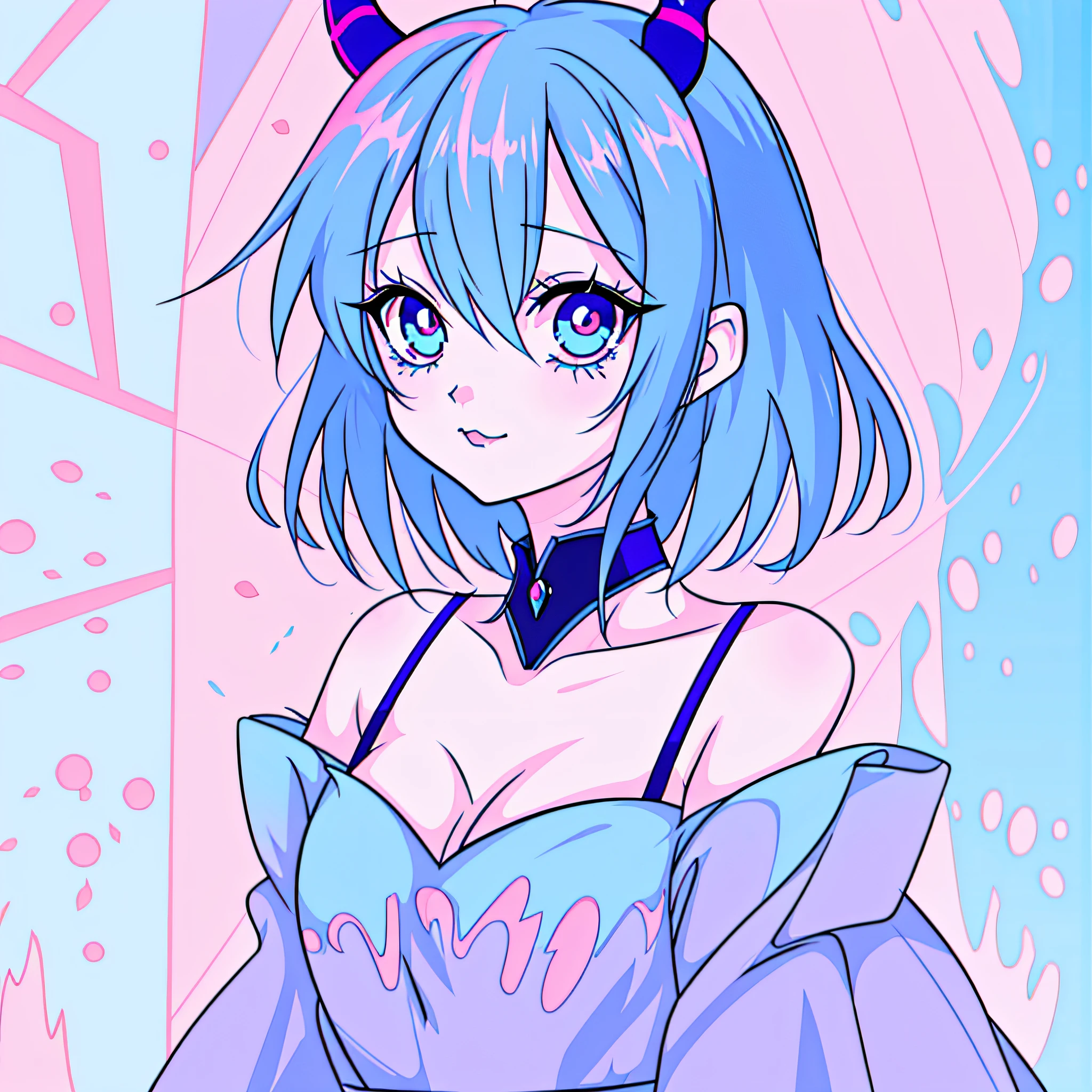 anime girl with blue hair and horns and a pink dress, loish |, demon girl, loish art style, blue tiefling, portrait of demon girl, anime style illustration, digital anime illustration, anime vibes, ahegao, colored lineart, loish van baarle, monstergirl, soft anime illustration, detailed fanart, inspired by loish, water demon