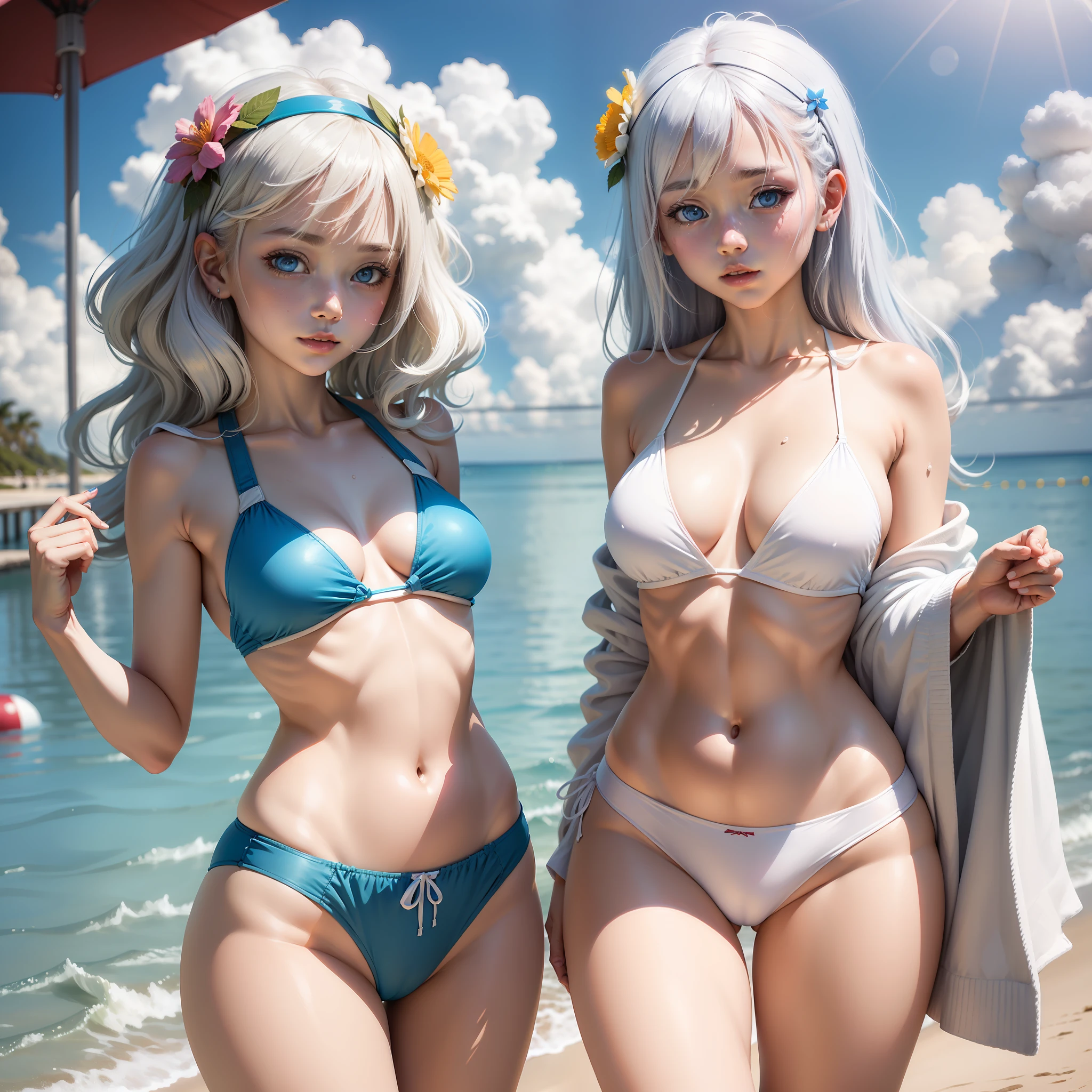 Dimensional Girl High Resolution White Swimming Trunks Blue Top Exposed Belly Button Long White Hair Double Eyelids Big Eyes Sunny Day Seaside With Flowers on the Head Comic Style Clear Lines Exposed Panties