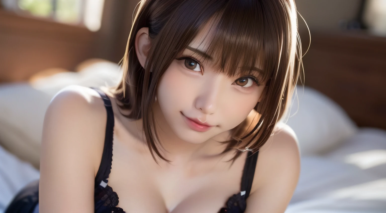 ((((Beautiful brown hair))))、((small head))、(Perfect body:1.1)、(年轻)、(Beautiful brown with short waves:1.2)、(((8K, Raw photography)))、(((lace bra)))、(((NSFW))), (((The face is Enako of a cosplayer))),(Highly detailed 8k wallpapers)、(extremely delicate and beautiful)、(​masterpiece)、(top-quality:1.0)、(超A high resolution:1.0)、on the beds、beautiful  lighting、Perfect Lightning、realistic shadow、[hight resolution]、 Detailed skin、ultra-detailliert、Slim body、thin clavicle、perspired、beutiful breast、red blush、Photorealsitic、Lifelike face、realisticeyes、Small eyes、is looking at the camera、Grinning(colourfull)))、(((cleavage of the breast)))、(eye liner)、(mascara)、 Lips with pink lips、The best very happy smile、((best qualtiy)), ((tmasterpiece)), unbelievable Ridiculous、 huge filesize, ultra-detailliert, hight resolution, ighly detailed, top-quality, ​masterpiece,Focus on the chest
