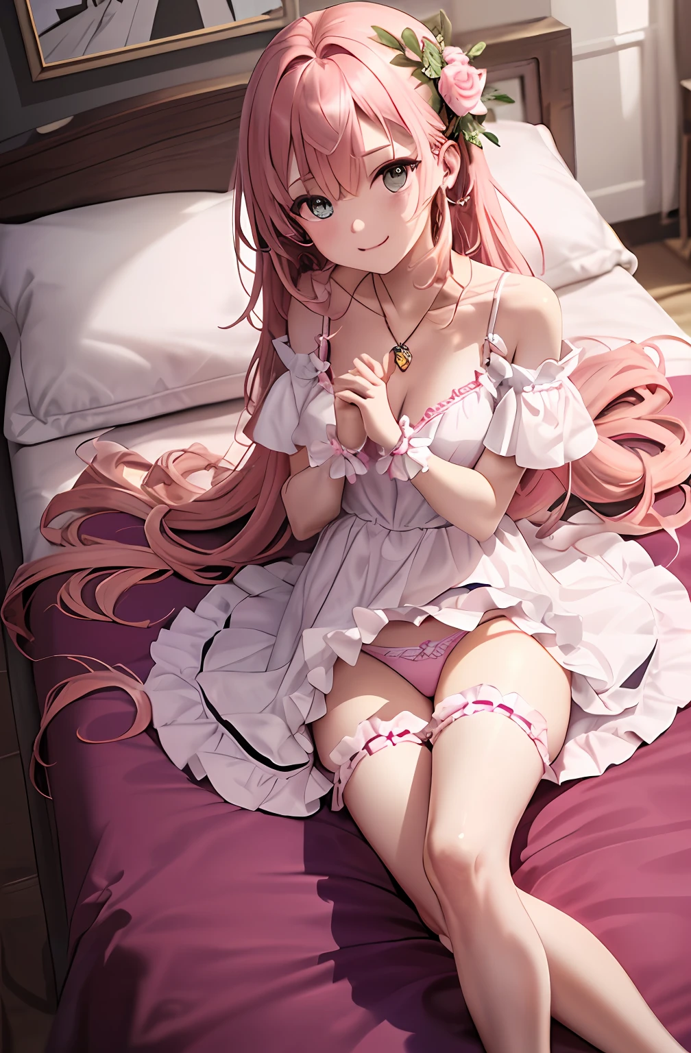 Portrait Art 15。详细的脸、((Carefully written hands and fingers、Detailed hands and fingers))、Pink hair。length hair。pleatedskirt。Camisole。耳Nipple Ring。Heart-shaped chest。Happy look。Cute PINK Room。plushies、pantiy、Cute string panties