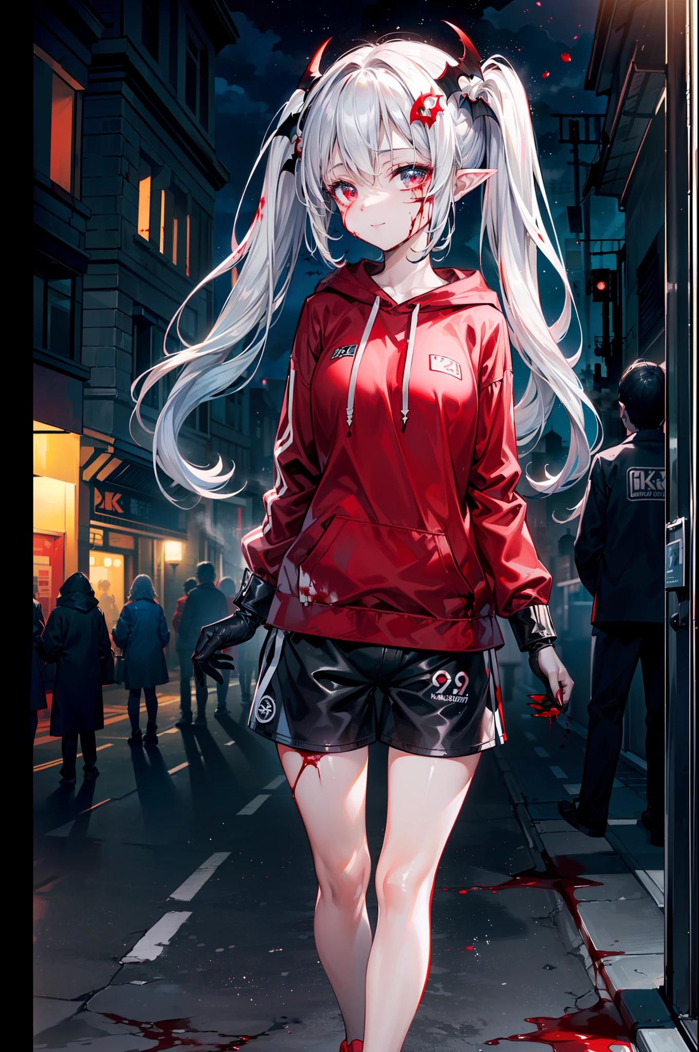 ((masterpiece, best quality, extremely detailed CG, unity 8k wallpaper,anatomically correct,ultra resolution)),Award-winning photography,(best illumination,Very Delicate and Beautiful),(one girl,solo,:1.5),Vampire,silver hair,(twintails:1.2),glowing red eyes,pale skin,(extremely beautiful and detailed face:1.2), (extremely beautiful and detailed eyes:1.2),perfect hands,delicate legs,((bat hair ornament)),(casual,fashion),pointy ears,((hoodie:1.45,sports shorts,sports shoes,black leather gloves)),looking at viewer,running,smiling,dark persona,evil,(cute:1.5),((night, dark atmosphere, dark theme, darkness:1.5)),dramatic shadows,(dimly lit:1.5),blood on face,blood on floor, blood on walls,(blood mist,blood splash:1.4),depth of field,(Bustling city:1.2,street:1.2,crowds of people:1.2), cloud, full moon, moon, moonlight, night sky, outdoors, blood moon, sky, star sky, starry sky,(perfect human body structure with maximum precision)