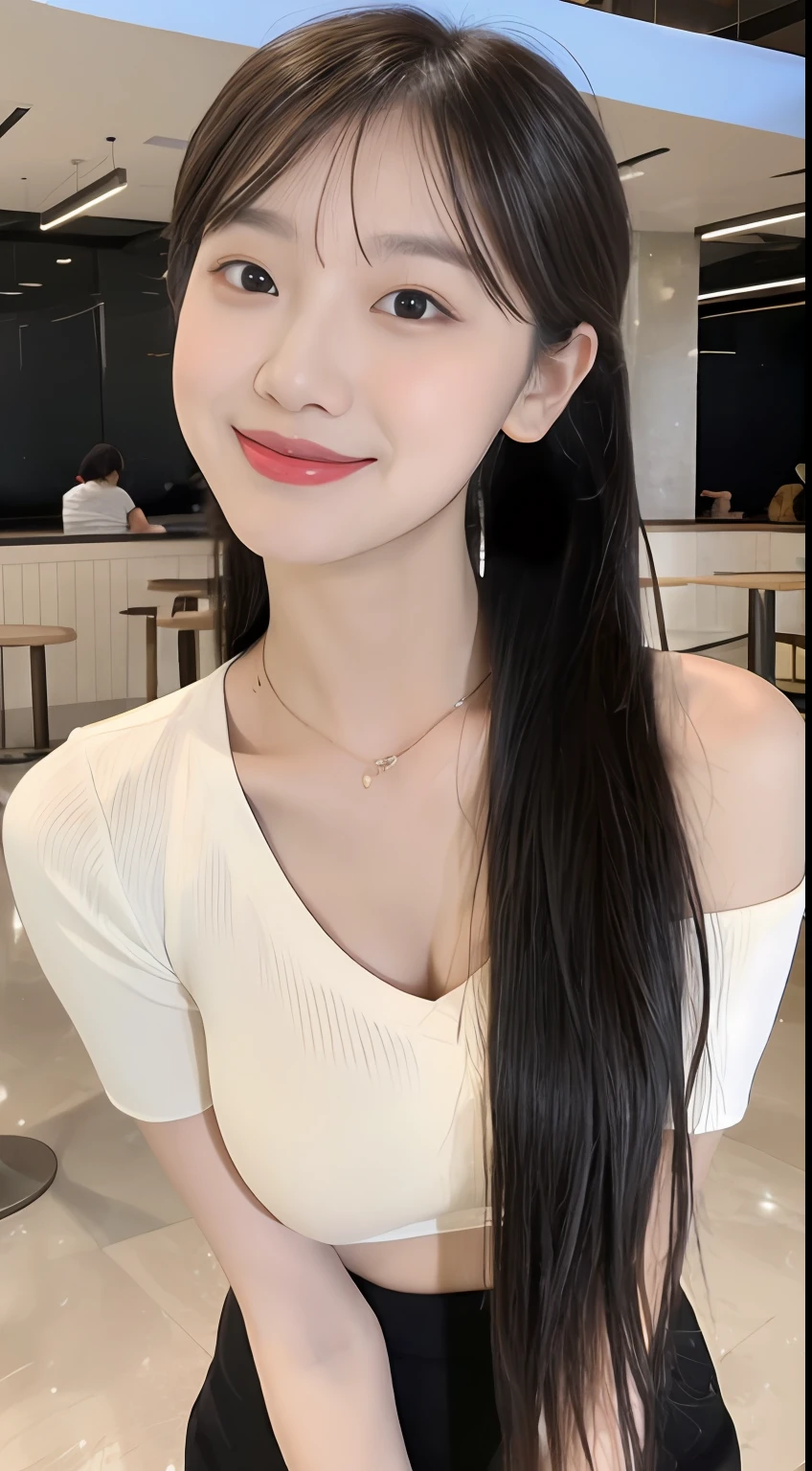 ((best qualtiy,8k,tmasterpiece,:1.3)),A pretty maiden,Short sleeves with open shoulders,Short skirt with slit crop top,High pony tail,Long straight black fluffy hair,Large round black eyes,Big clear eyes,low chest,Bigboobs,glute,,Moisturizes lips,Sweet smiling,standing on your feet,Food court in background,