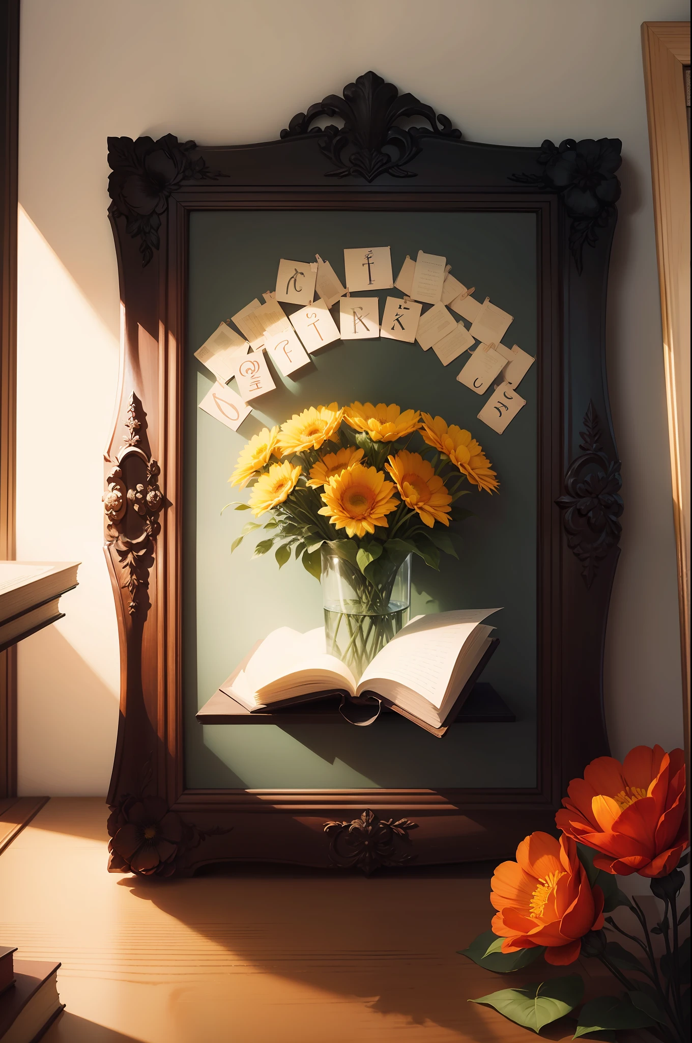 a book cover with ((texts)) framed and ((flower-decorated))