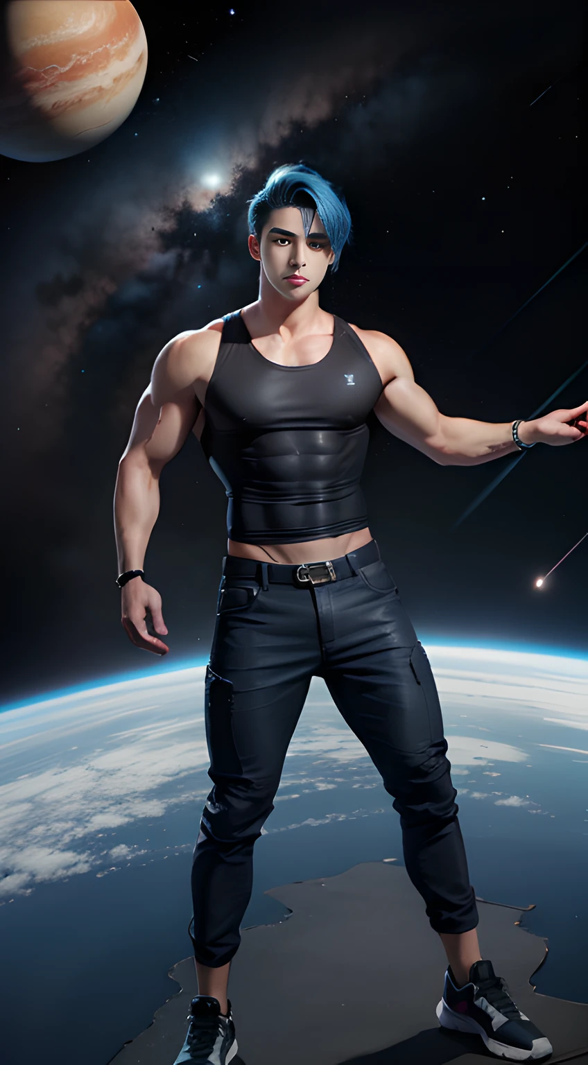 handsome young man, blue hair,