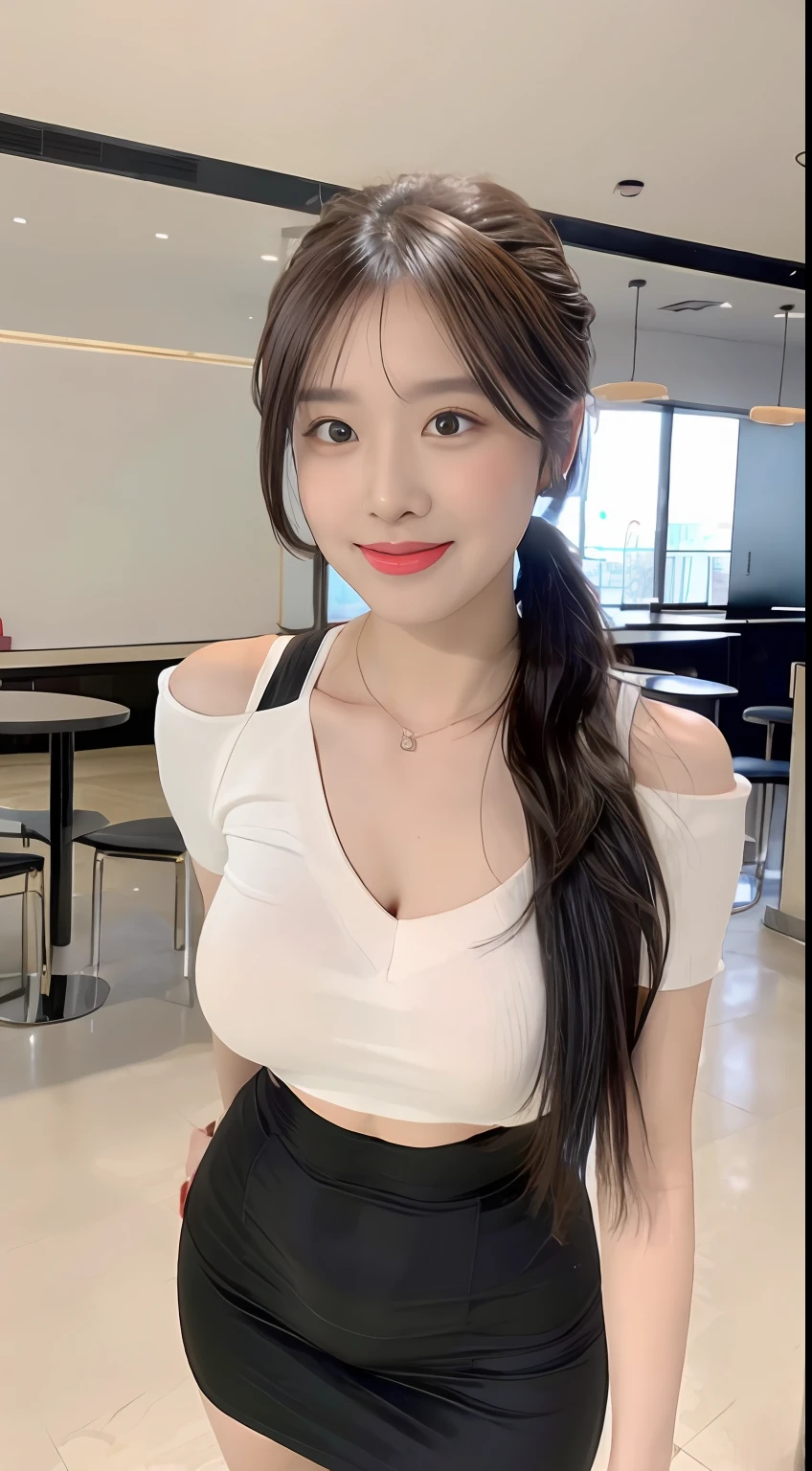 （（best qualtiy，8k，tmasterpiece，：1.3）），A pretty maiden，Short sleeves with open shoulders，Short skirt with slit crop top，High pony tail，Long straight black fluffy hair，Large round black eyes，Big clear eyes，low chest，Bigboobs，glute，，Moisturizes lips，Sweet smiling，standing on your feet，Food court in background，