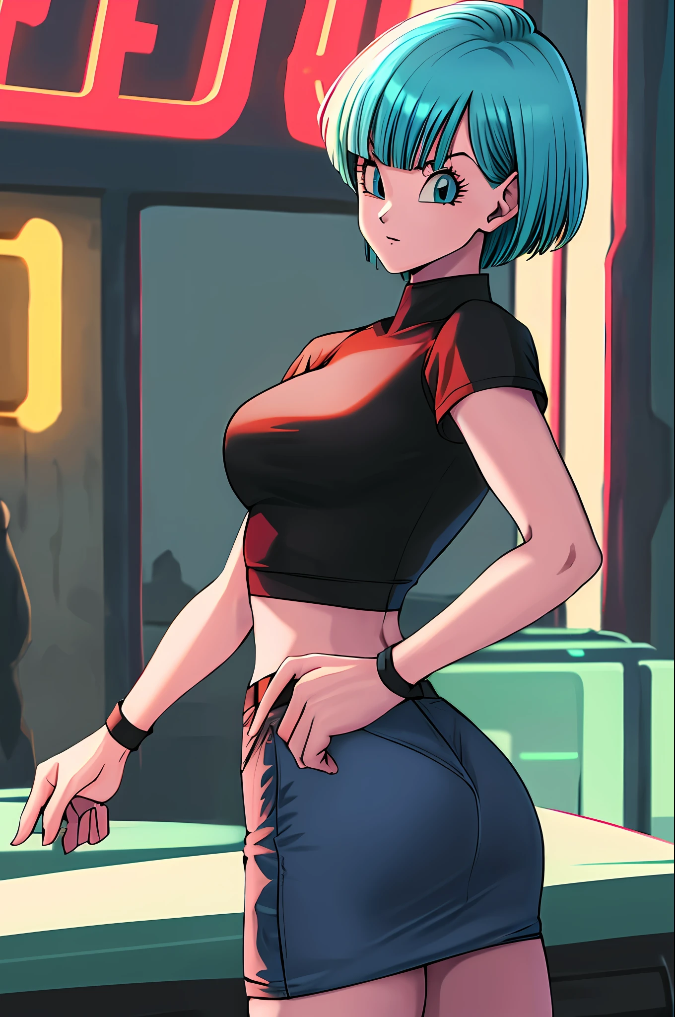 masterpiece, best quality, highres, dragon ball, blmmid, ((aqua hair)), medium hair, blunt bangs, red hair band, medium breasts, white shirt, black skirt, cowboy shot, in a Cyberpunk city, bustling with neon signs, standing, upper body, ((midriff)), ((sexy)), (large breasts), ass,