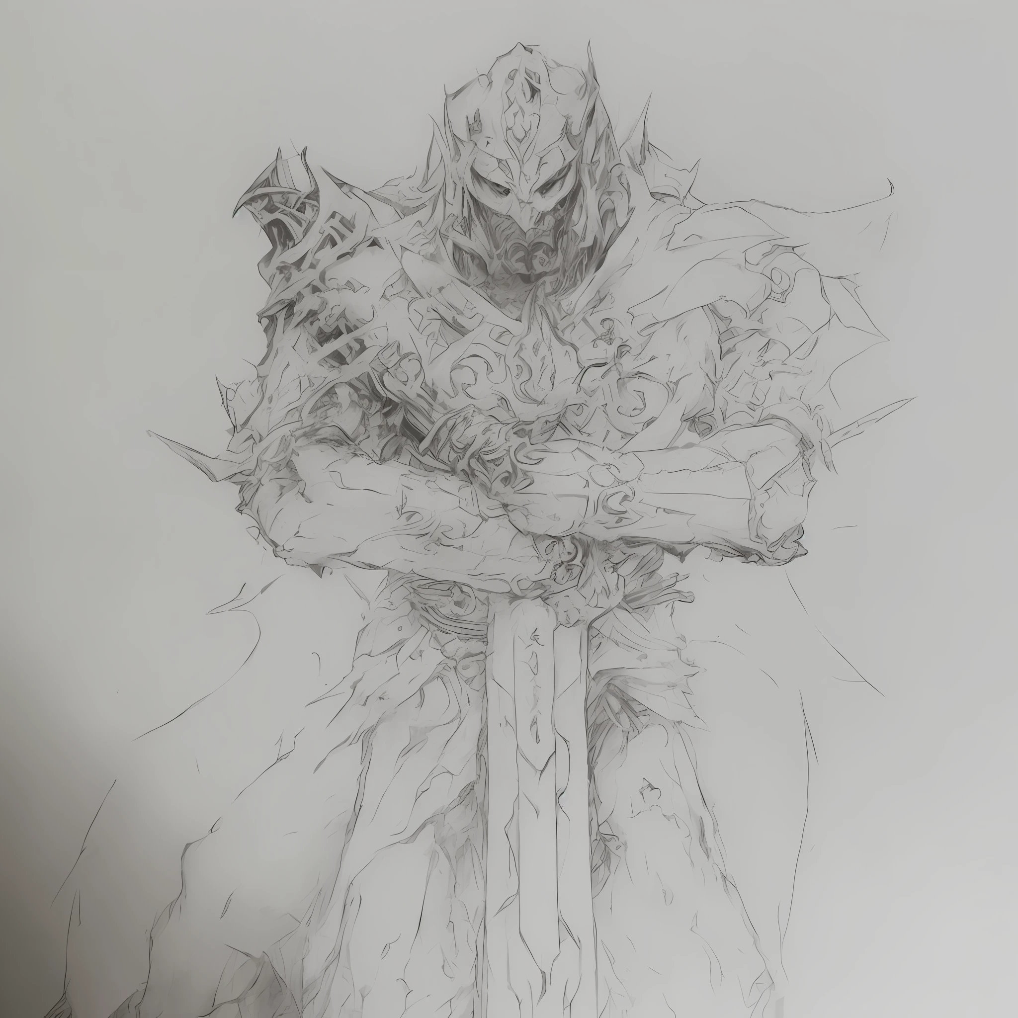 Painting of a man with a giant sword, Portrait de Ninja Slayer, evil knight, detailed but rough, old sketch, destiny fanart, scary knight, ares with heavy armor and sword, loose pencil sketch, undead knight, darksiders style, epic pencil illustration, darksiders art style, detailed penciling, berserker potrait,On the shoulders are rune shackles