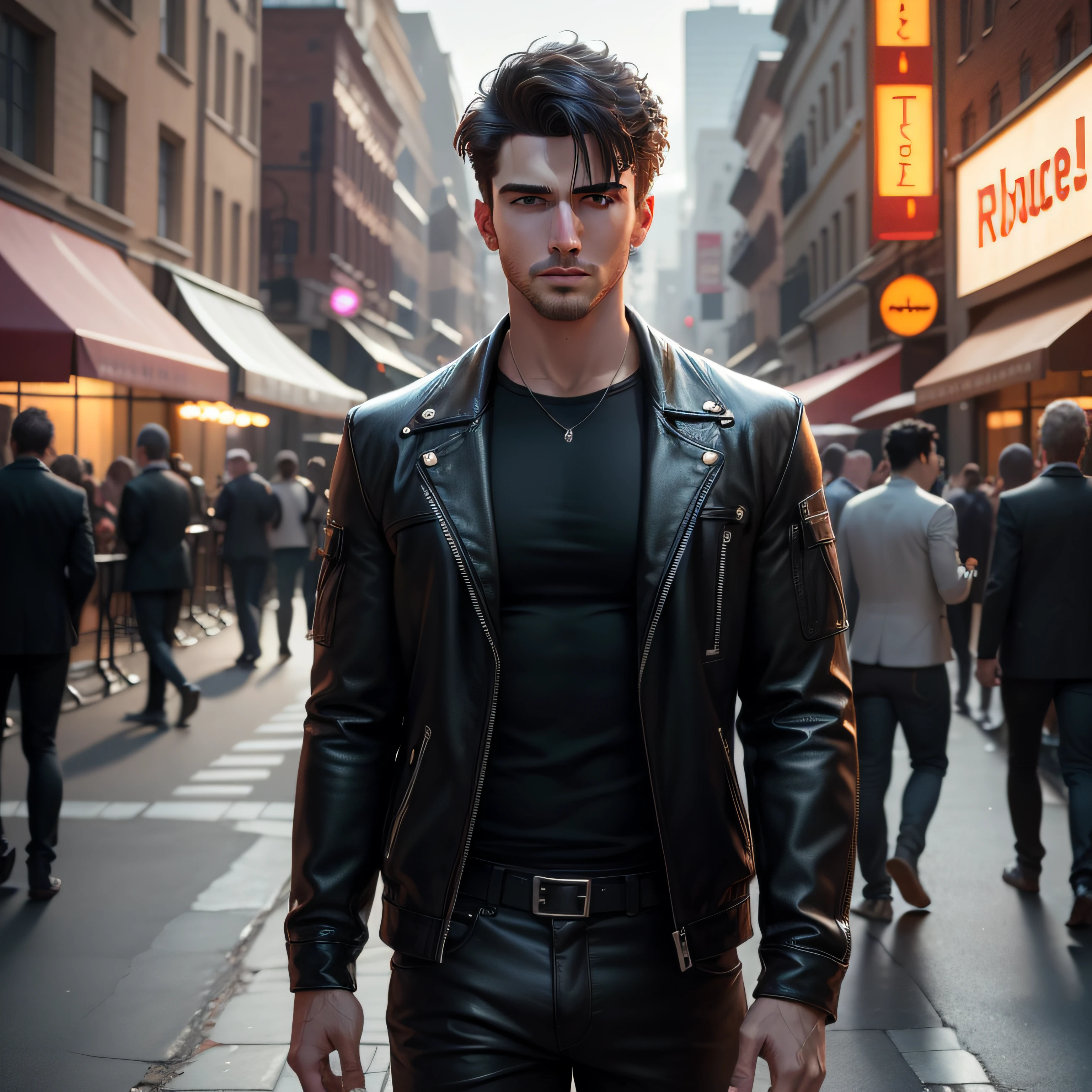 Image of a handsome Caucasian man in front of a nightclub that is out of focus, staring into the camera, black hair, Observe the rule of thirds, locate to the right of the image, wide angle lens, distance 5 meters from the camera, landscape, man, young, handsome face, detailed face, fair skin, detailed hair, looking at viewer, (masterpiece), (best quality), (ultra high resolution), (8k resolution), (ultra detailed) , (ray tracing),