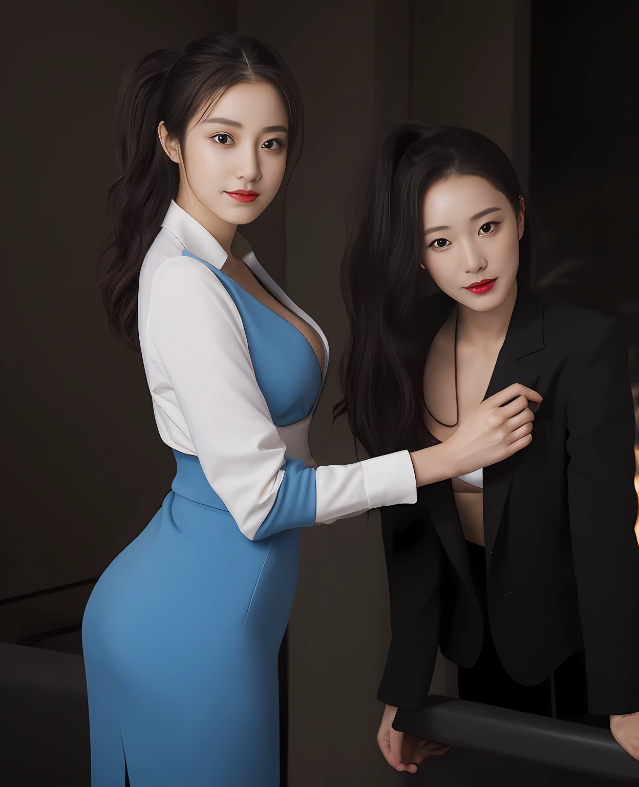 ((best qualtiy,realisticlying,8K HD,tmasterpiece:1.3)),focal:1.5,perfect bodies:1.3,(Short ponytail straight hair,Vertically smooth hair,A detailed:1.3)),((wetclothes:1.1),White high-end brand fashion suit suit:1.3,(detailed outfits:1.3),(delicate stiletto heels crystal band sandals,high high quality:1.2)), Highly Detailed Face and Skin Textur, Fine Eye,二重まぶた,realistic pupil,skin lightening,Beautiful face,Swollen eyes,Healing is a smile,(female focus,Waist focus,close focus,hdr shot,20yr old,Raised breasts,no-bra,the areola is visible,With a petite figure,Slim:1.3,slenderlegs:1.3,beautiful night scene,Luxury office,floor to ceiling window,Long table,Double bed,Cocked buttocks:0.6,Playful and coquettish beautiful pose(full bodyesbian:1.8))