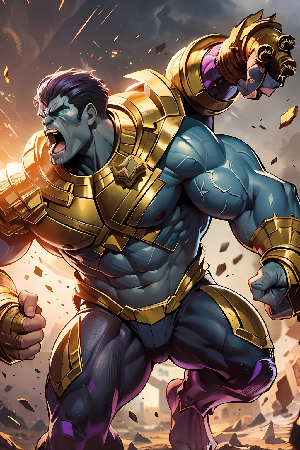 Hulk and Thanos Fusion, Great height, Strong muscle, angry face, screaming, saliva flying, Gold armor, Gauntlet in hand, Crazy, Destroyed background, Titan helmet, colossal, Realistic, hyperdetailed, Ultra HD,8K quality