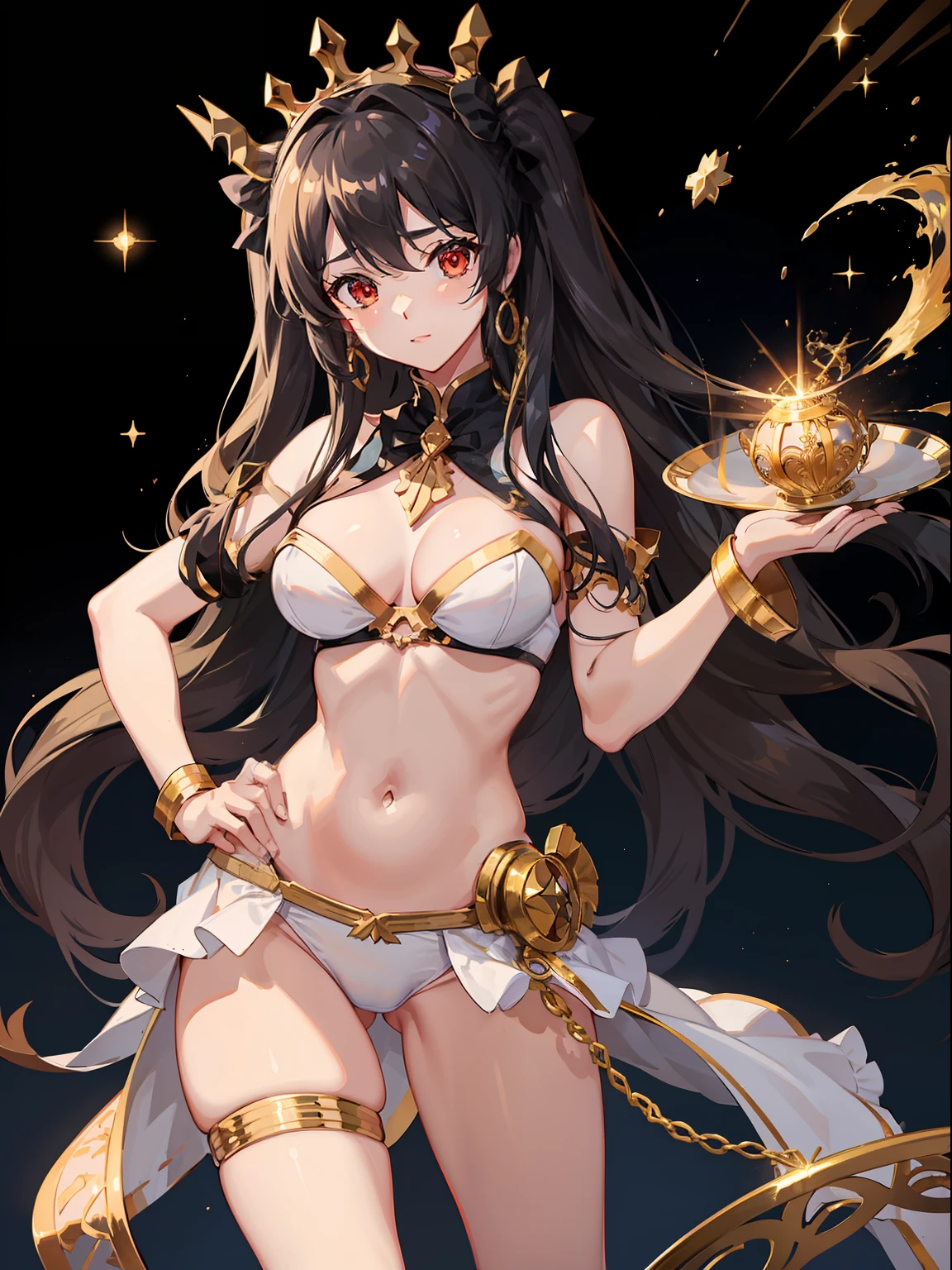 (best quality), ((ishtar)) ,1girl,solo, standing, hand on hip, single thighhigh with golden crural ring, black hairband with golden edge like a crown,,white bra, black knickers,black twintails,red eyes,glittering, triangle underwear, black underwear,