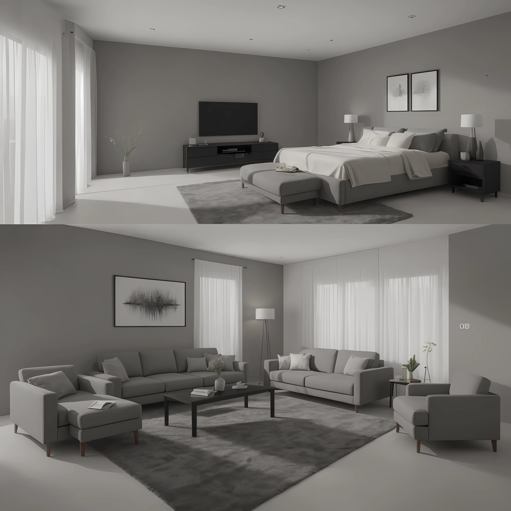 ((obra-prima)), melhor qualidade, qualidade alta, ambiente super detalhado, interior, quarto preto, Modern design furniture in gray color well detailed, alvenaria de concreto, render de interior, (4k), 8k.