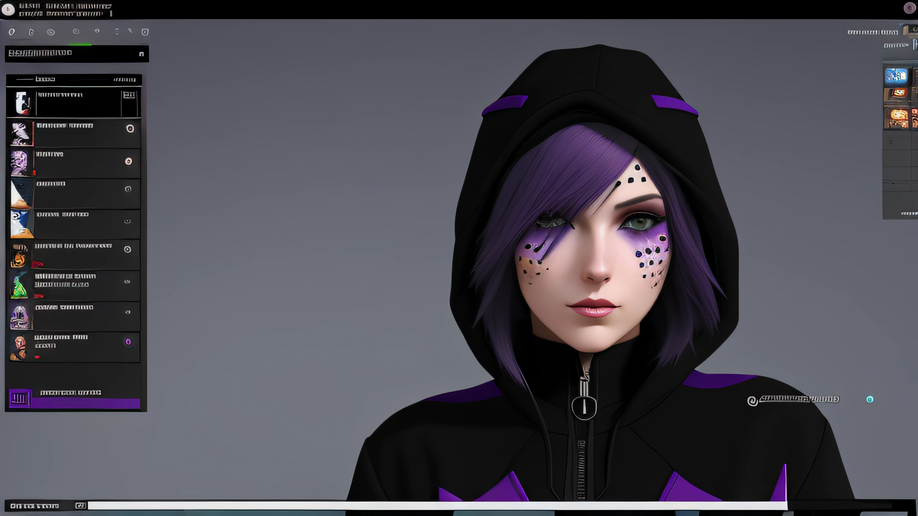 um close up de uma pessoa com capuz e cara de gato, Avatar do Second Life, modelado em poser, Roxo Transparente Sci - Capuz FiFi, Garota de anime cyberpunk com capuz, dark purple hair and cybernetics, Motor irreal : : maquiagem rave, Personagem de close up, epic 3 d abstract emo girl, hand painted textures on model, close up tiro de meio corpo