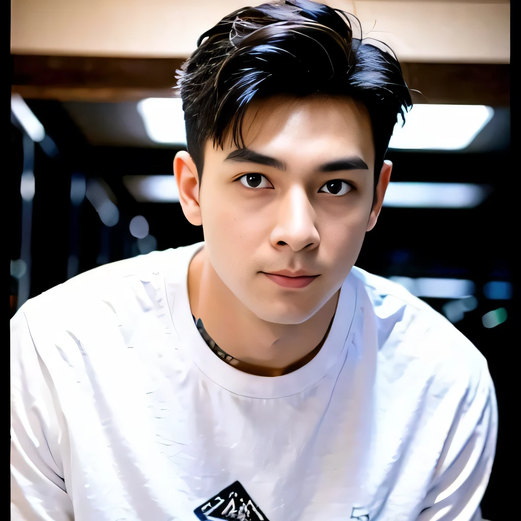 best quality, ultra high res, (photorealistic:1.4), masterpiece, blurry background ,gym, solo,1 boy,Young man ,standing,white skin, white t-shirt, posing, looking at viewer , face focus,