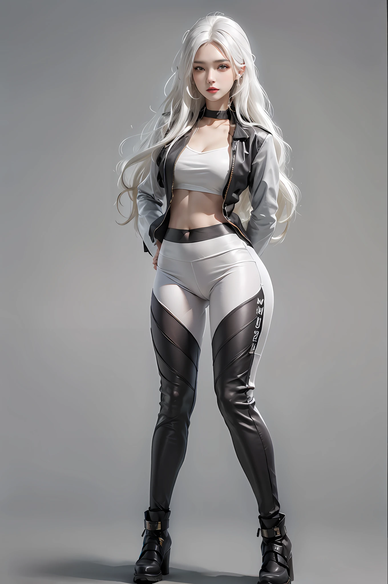 photorealistic, high resolution, 1women, solo, hips up, look at viewer, (detailed face), white hair, long hair, leggings, thick thighs