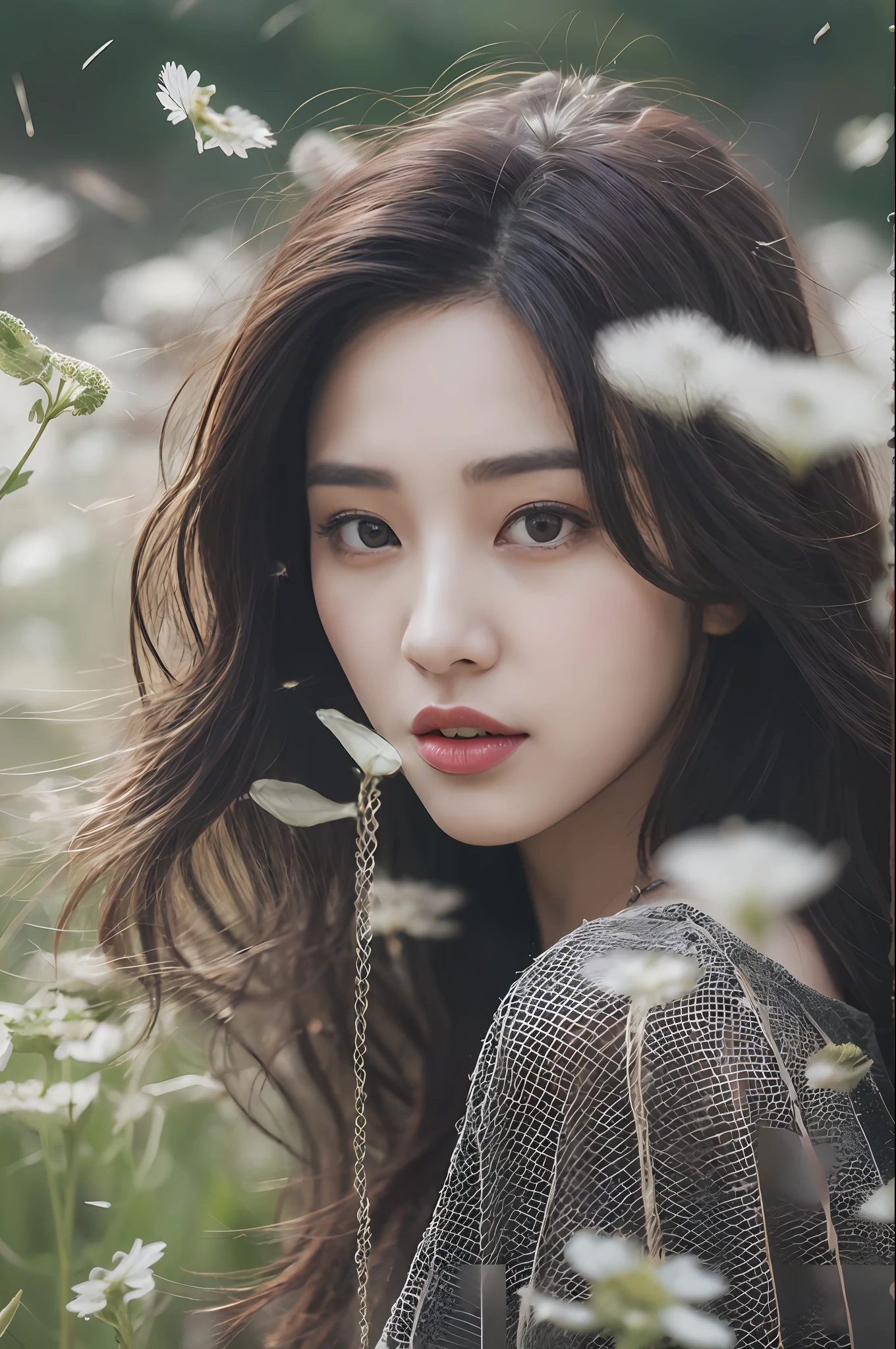 （Highly detailed body，Highly detailed face，Best quality at best：1.2） ，A woman who is，（Dandelions flutter in the wind in the background)，a Korean girl，HD photo effects,Artistic photos,lacy white dress，Long black hair，Long hair to the waist，beautiful  face,No bra，Three little bees。