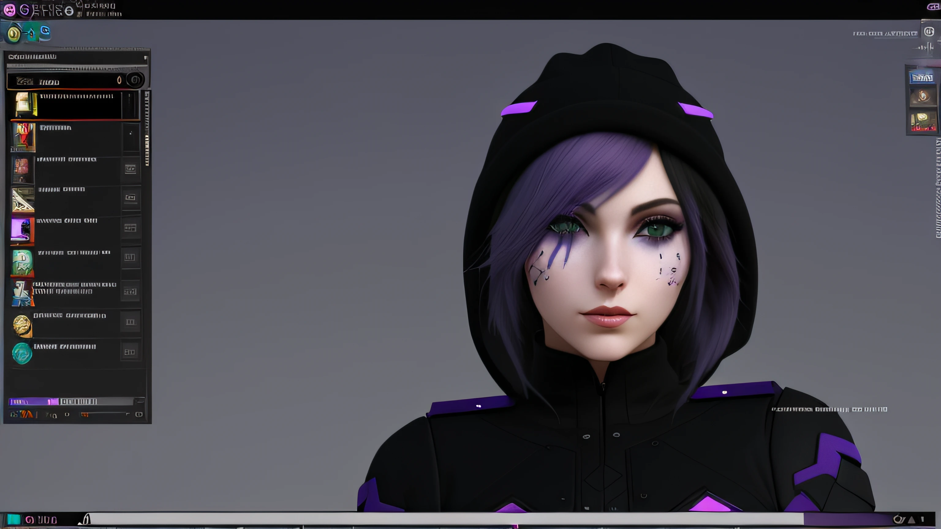 um close up de uma pessoa com capuz e cara de gato, Avatar do Second Life, modelado em poser, Roxo Transparente Sci - Capuz FiFi, Garota de anime cyberpunk com capuz, dark purple hair and cybernetics, Motor irreal : : maquiagem rave, Personagem de close up, epic 3 d abstract emo girl, hand painted textures on model, close up tiro de meio corpo