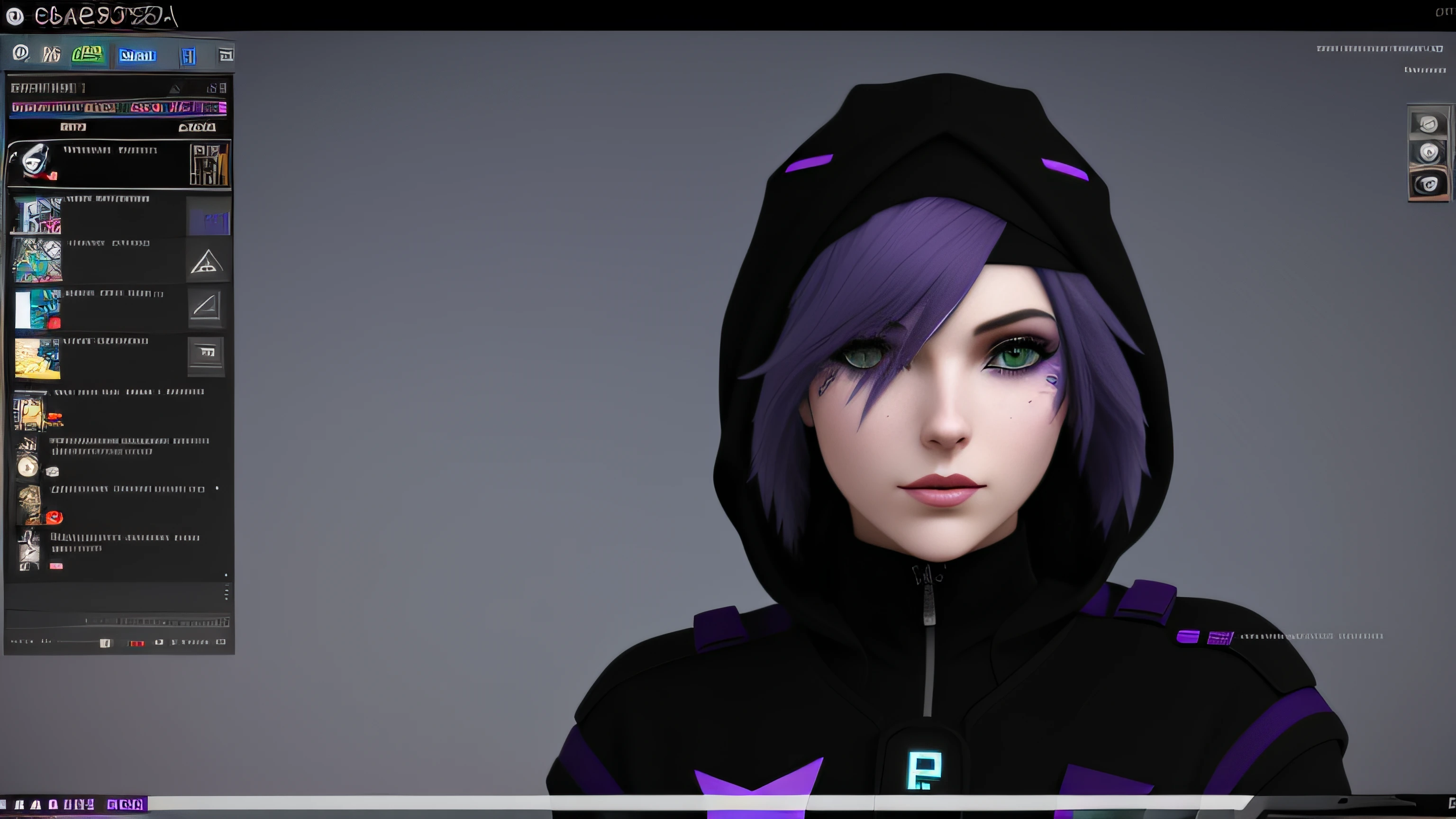 um close up de uma pessoa com capuz e cara de gato, Avatar do Second Life, modelado em poser, Roxo Transparente Sci - Capuz FiFi, Garota de anime cyberpunk com capuz, dark purple hair and cybernetics, Motor irreal : : maquiagem rave, Personagem de close up, epic 3 d abstract emo girl, hand painted textures on model, close up tiro de meio corpo