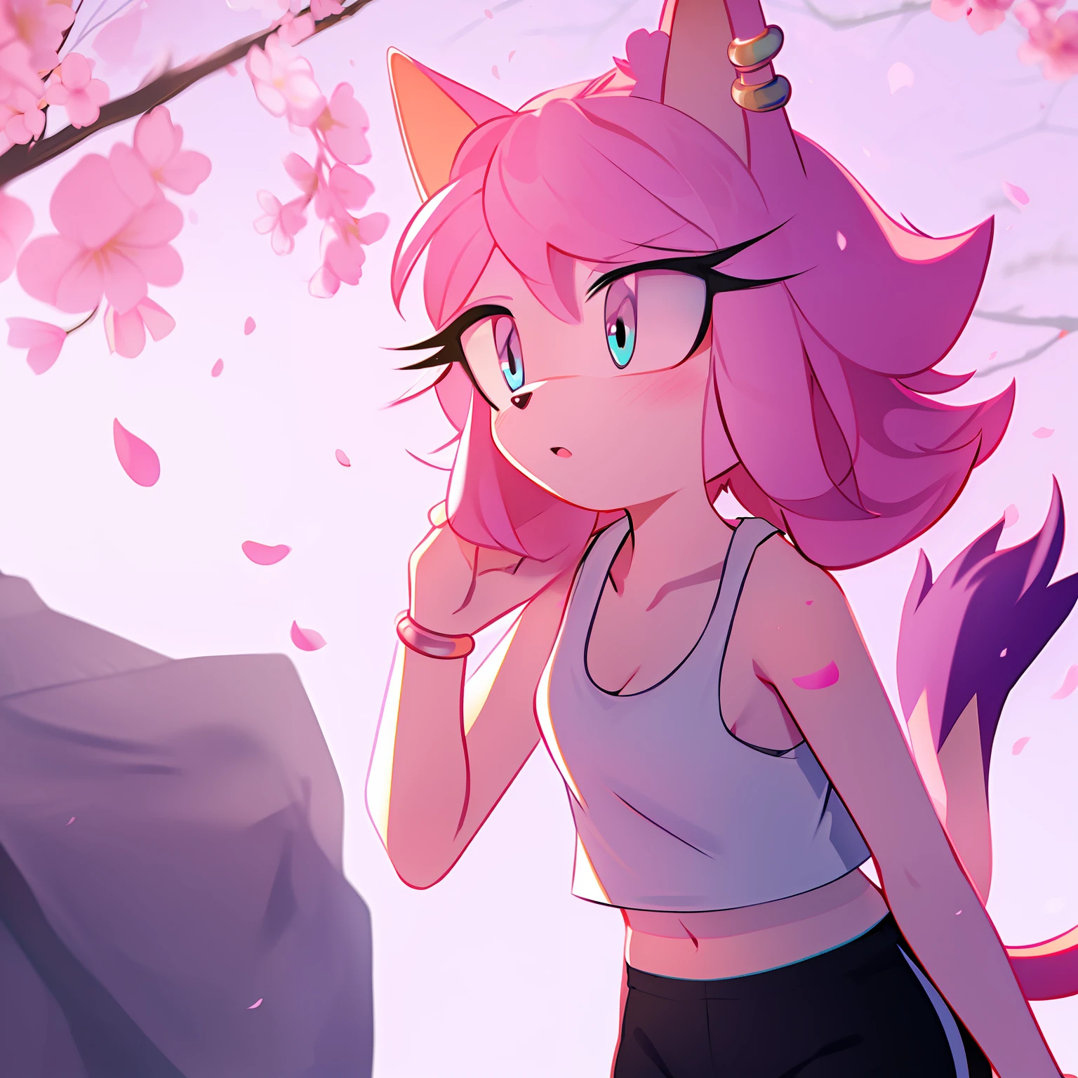1girl, light pink fur, cat, long pink curly hair, masterpiece, (white tank top:1.4), bra straps, 4k, black shorts, purple wrist rings, turquoise eyes, earrings, fluffy tail, cherry blossoms