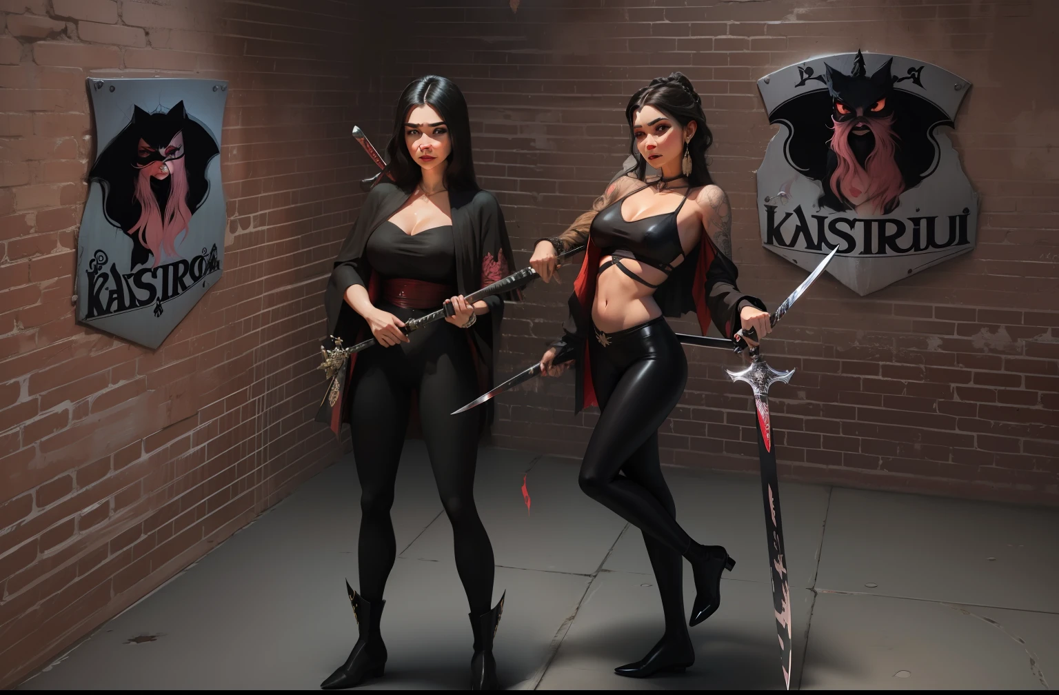 fantasia, duas mulheres, cacadoras de vampiros, uma de cabelo rosa e chicote, parede de tijolos com placa DERU e armas, katanas