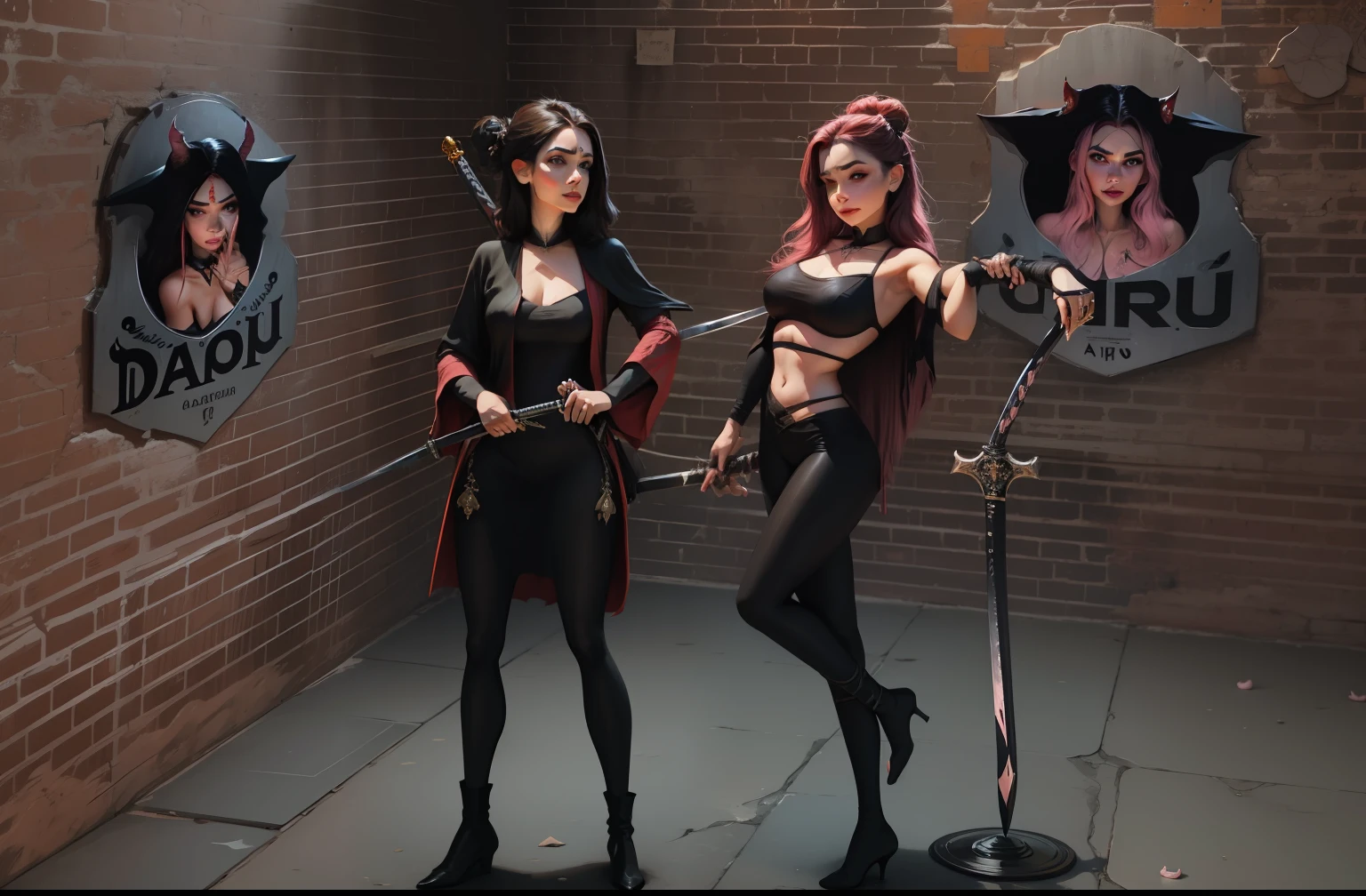 fantasia, duas mulheres, cacadoras de vampiros, uma de cabelo rosa e chicote, parede de tijolos com placa DERU e armas, katanas