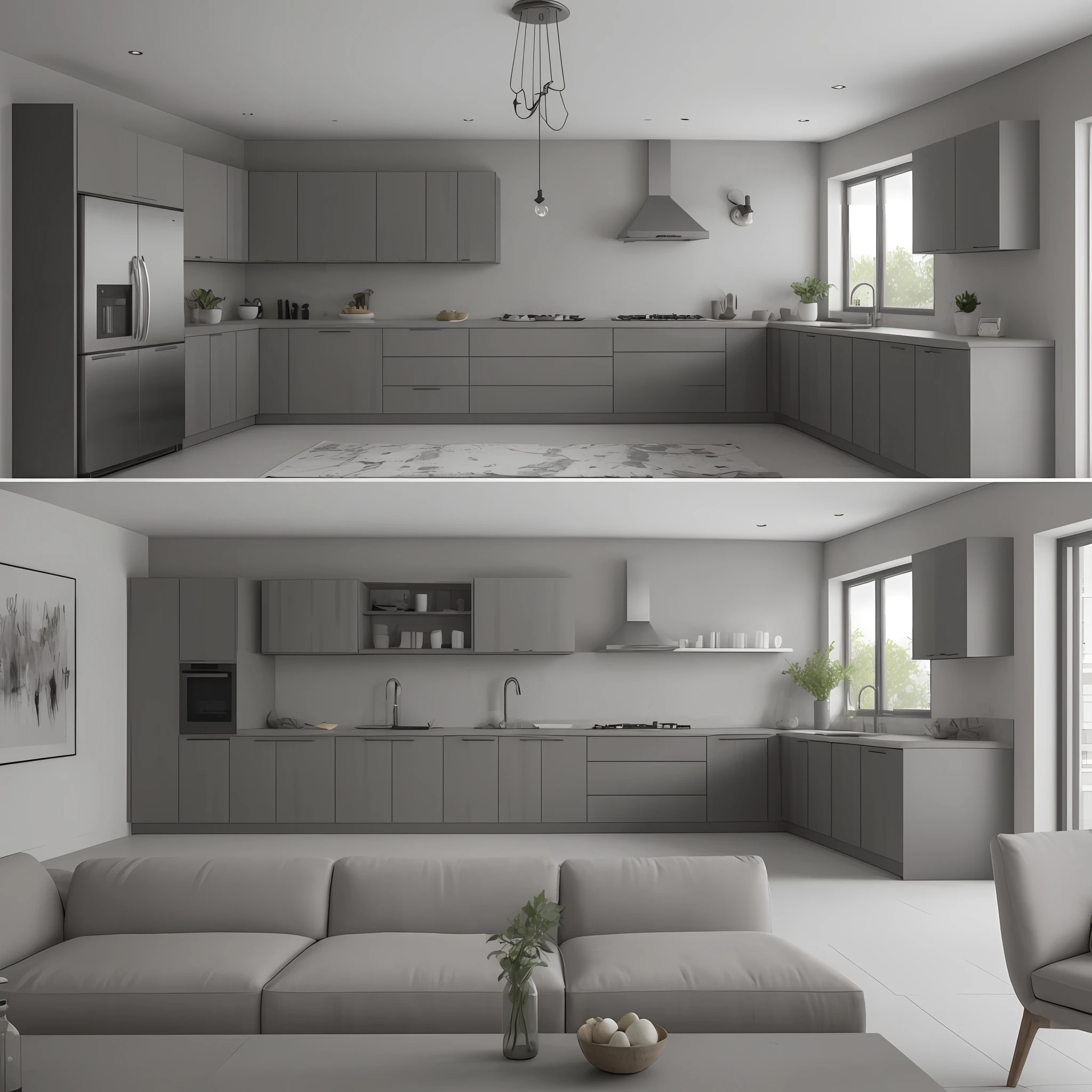 ((obra-prima)), melhor qualidade, qualidade alta, ambiente super detalhado, interior, cozinha preto, Modern design furniture in well-detailed gray color, alvenaria de concreto, render de interior, (4k), 8k.