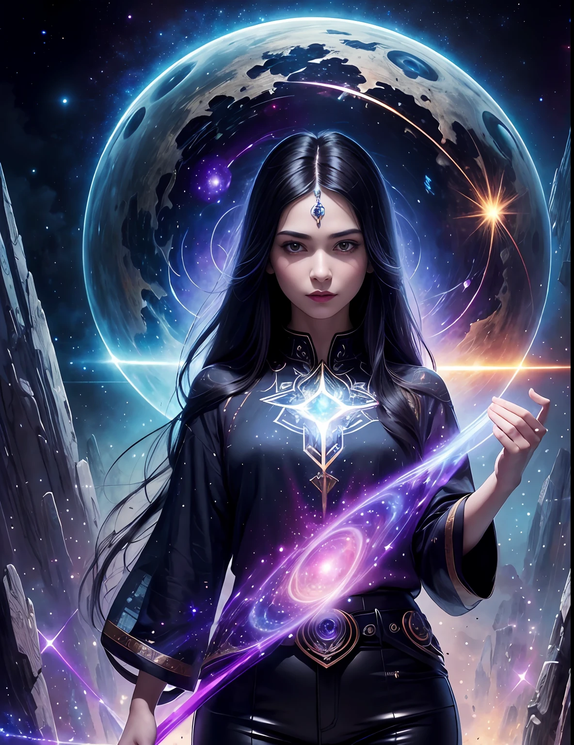 (masterpiece, top quality, best quality, official art, beautiful and aesthetic:1.2), girl, detailed face, long black hair, full body, violet blouse and pants, celestial, cosmic, extremely beautiful, high detailed, (galactic in background), luminous effects, highest detailed, floating particles, ancient runes, geometric patterns, V0id3nergy , mana, shadows, epic atmosphere