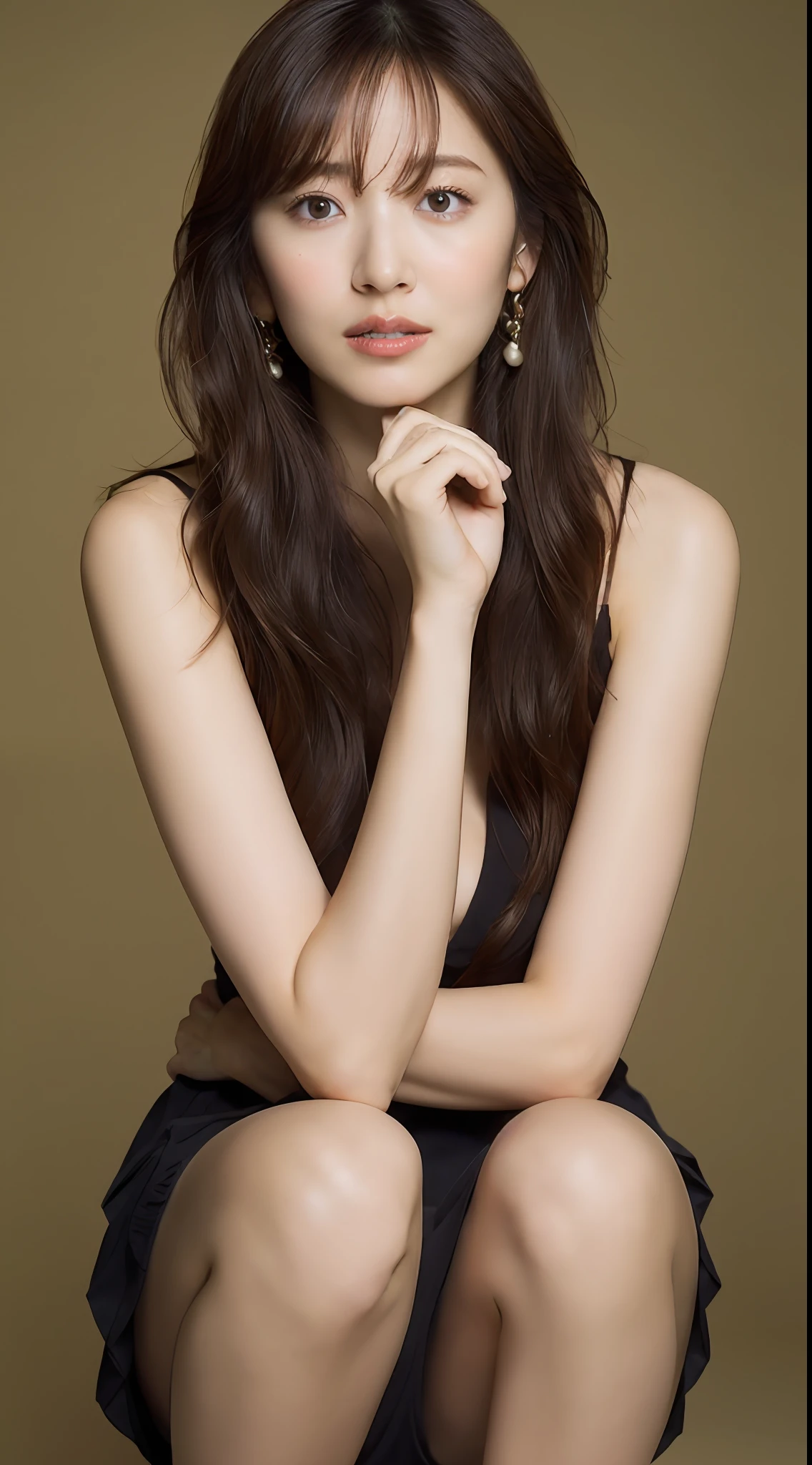((best quality, 8k, masterpiece: 1.3)), sharp: 1.2, perfect body beauty: 1.4, slender abs: 1.2, ((layered hairstyle, big breasts: 1.2)), (bandeau dress white: 1.1 ), city streets: 1.2, highly detailed facial and skin textures, detailed eyes, double eyelids, long brown hair, thin dress, hands behind, squatting, slightly revealing panties, revealing cleavage.