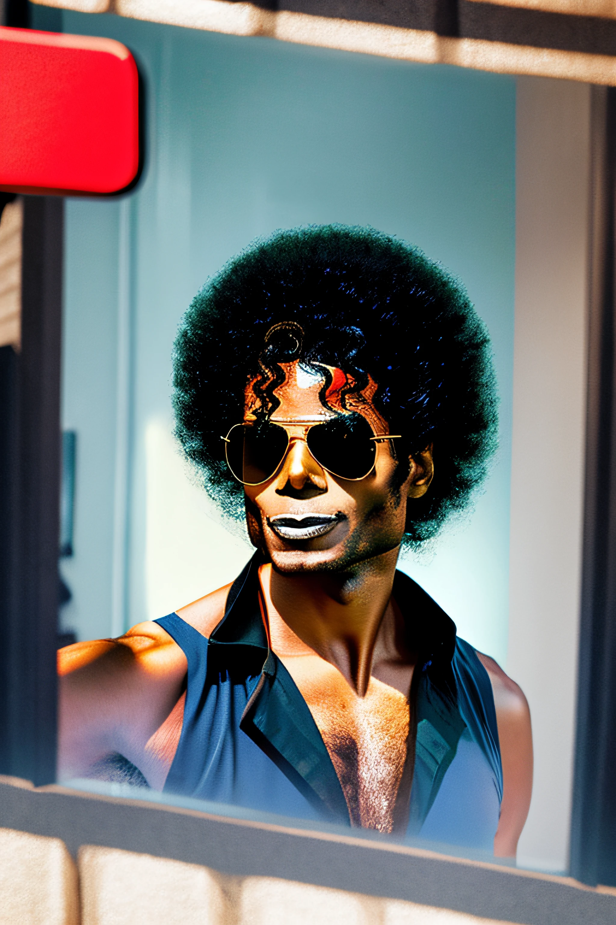 Michael Jackson Negro Cabelo Afro,Nariz Fino, pele Negra estilo Thriller ((selfie da parte superior do corpo, feliz)), obra-prima, melhor qualidade, ultradetalhada, solo, ao ar livre, (noite), montanhas, natureza, (estrelas, lua) alegre, feliz, , terno branco, smoke billowing, sombras, contraste, clear sky, estilo , (matiz quente, tom quente: 1,2), close-up, cinematiclight, side-lighting, Ultra high resolution, melhor sombra, RAW, parte superior do corpo,, 4k,