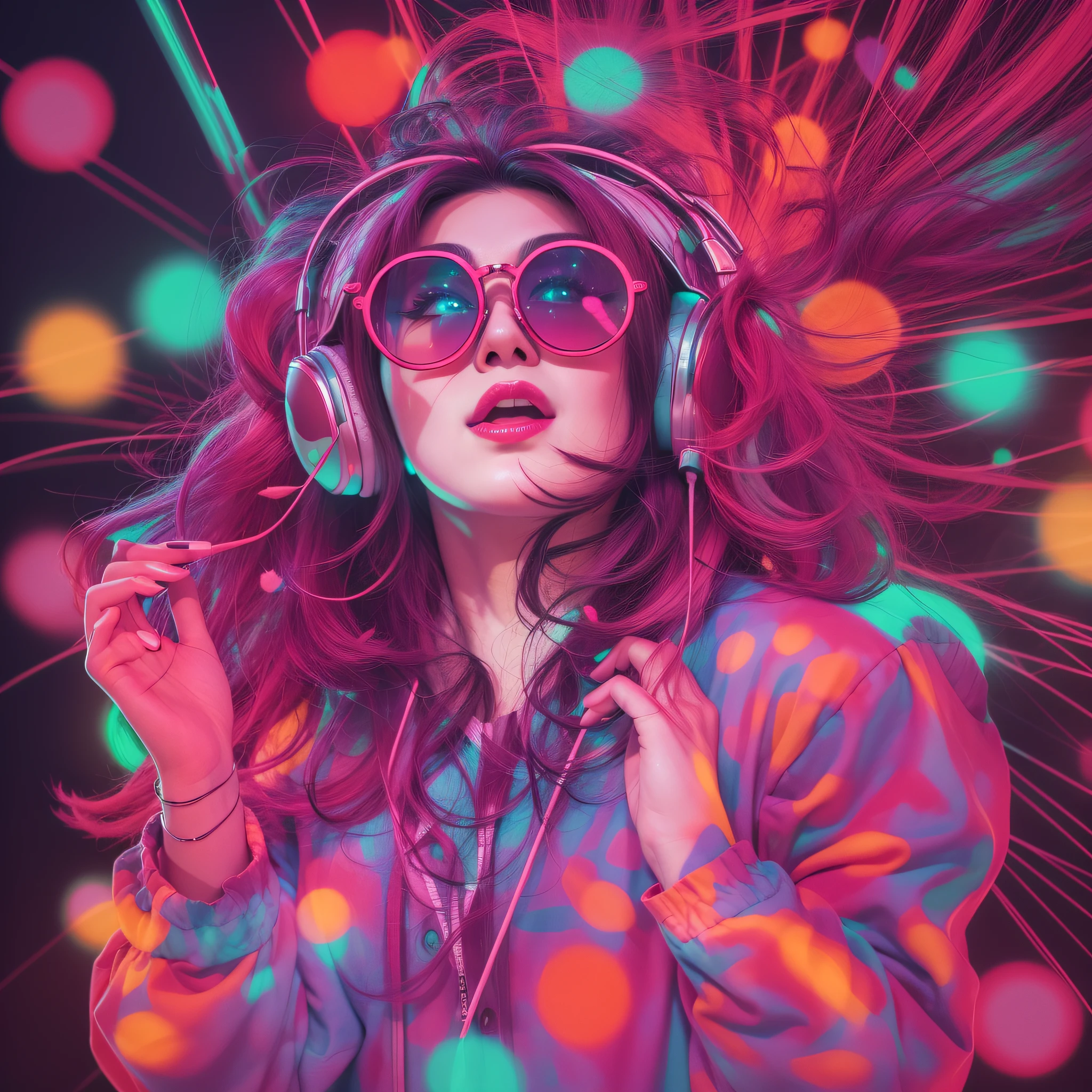 dj woman glasses lollipop neon background ballad dancing