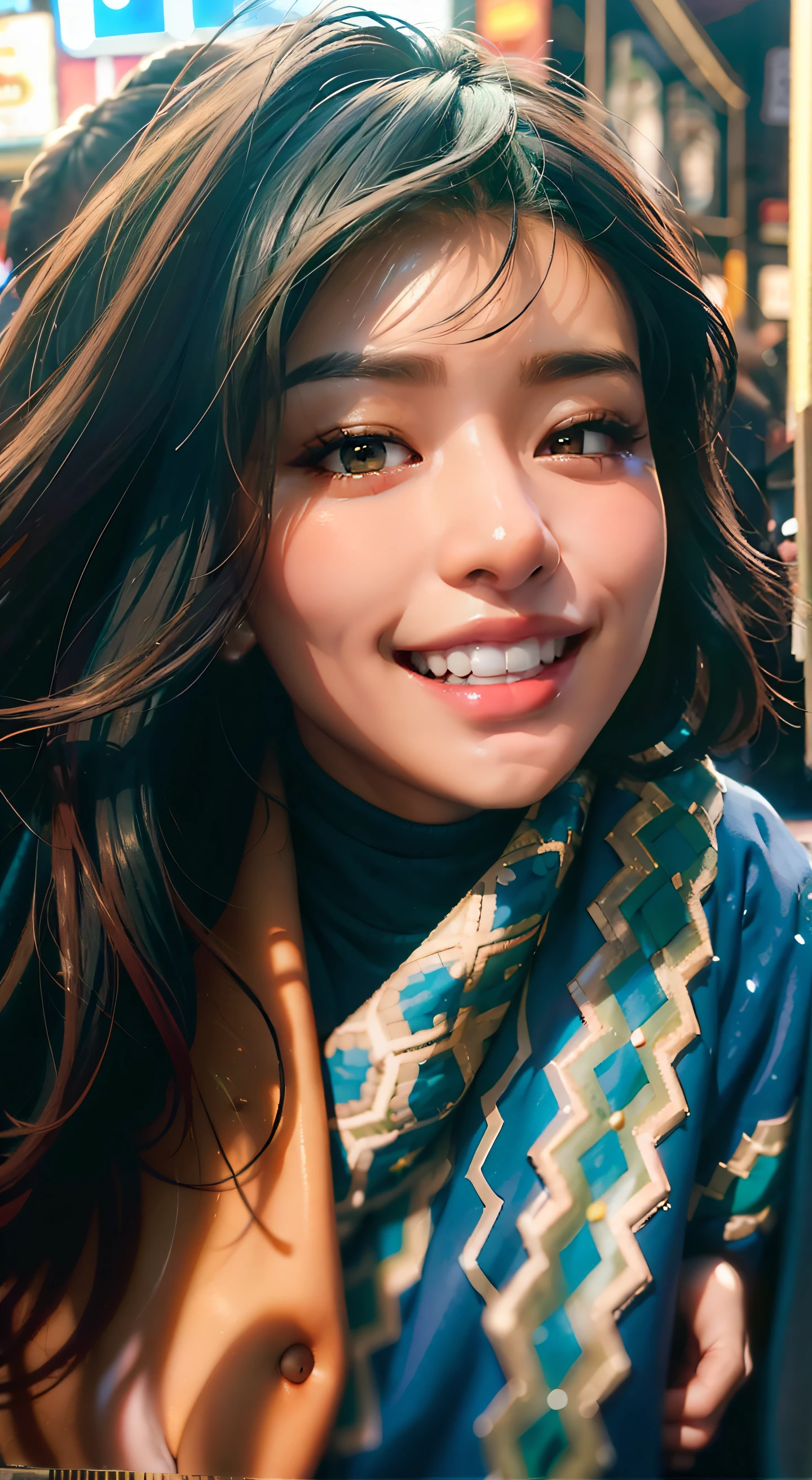 masterpiece, best quality, a beautiful dark skin black woman wearing a, detailed green turtle neck sweater and detailed black leather jacket and blue jeans standing , symmetrical afro haircut, jacket off one shoulders, midriff, smile, teeth, in front of a crowded street market, insane ultra hires, extreme intricate details,
HDR, natural lighting, volumetric shading, dynamic pose, Hyperrealistic, realistic lighting, dramatic shadows, hard focus, high contrast,
dramatic shadows
