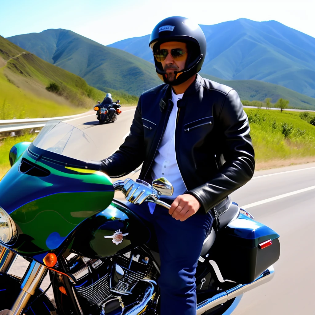 Lovely man in a leather rider jacket suit on the endless journey of the highway in Harley Davidson
