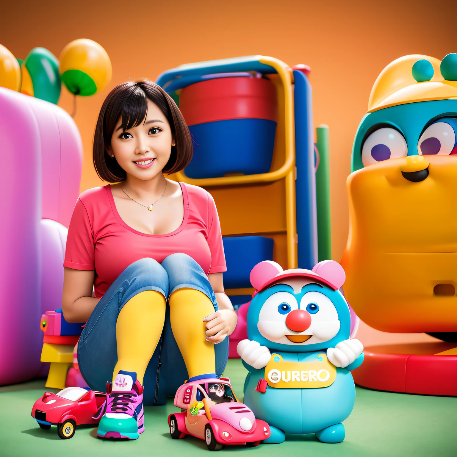 Cartoon shoes at the bottom left,Right eye Smiley pocket
